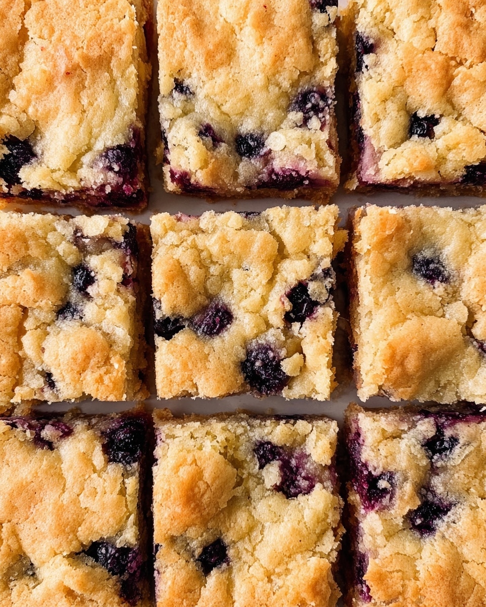 A close-up view of golden-brown dessert bars arranged in a grid of sixteen squares with crispy, slightly cracked tops and scattered dark purple berry spots inside. Each square shows a thick, dense texture with a glossy surface and light crumbly edges, creating a warm and inviting look. The berries appear unevenly spread within, giving a mix of creamy and fruity bits in every piece. The photo is on a white marbled surface with soft natural light, enhancing the details of the baked top layers photo taken with an iphone --ar 4:5 --v 7