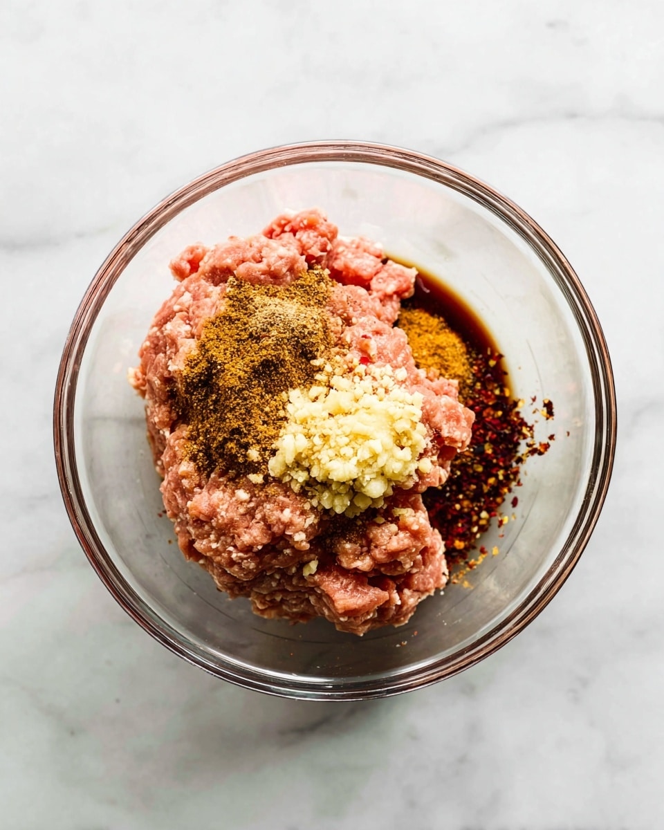 A clear glass bowl sits on a white marbled surface, holding a mix of raw ground meat that is light pink in color as the base layer. On top, there is a pile of light yellow minced garlic to one side and a heap of various spices including a brownish-yellow powder and darker red chili flakes scattered near it. A dark liquid, likely soy sauce, pools around the meat and spices, creating a contrast with the pink meat. The ingredients appear fresh and are ready to be mixed. Photo taken with an iphone --ar 4:5 --v 7