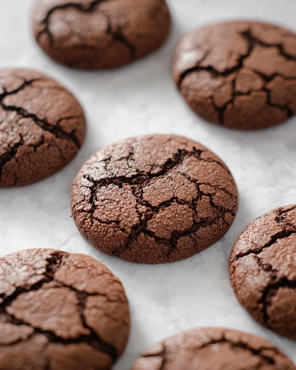Several round chocolate cookies with cracked tops and rough dark lines are laid out on a white marbled surface. The cookies have a rich brown color, slightly raised edges, and a soft texture visible from the cracks. They are arranged randomly with some cookies closer to the camera and others faded in the background, creating depth in the image. The light highlights the texture and cracks, making the cookies look fresh and inviting. photo taken with an iphone --ar 4:5 --v 7