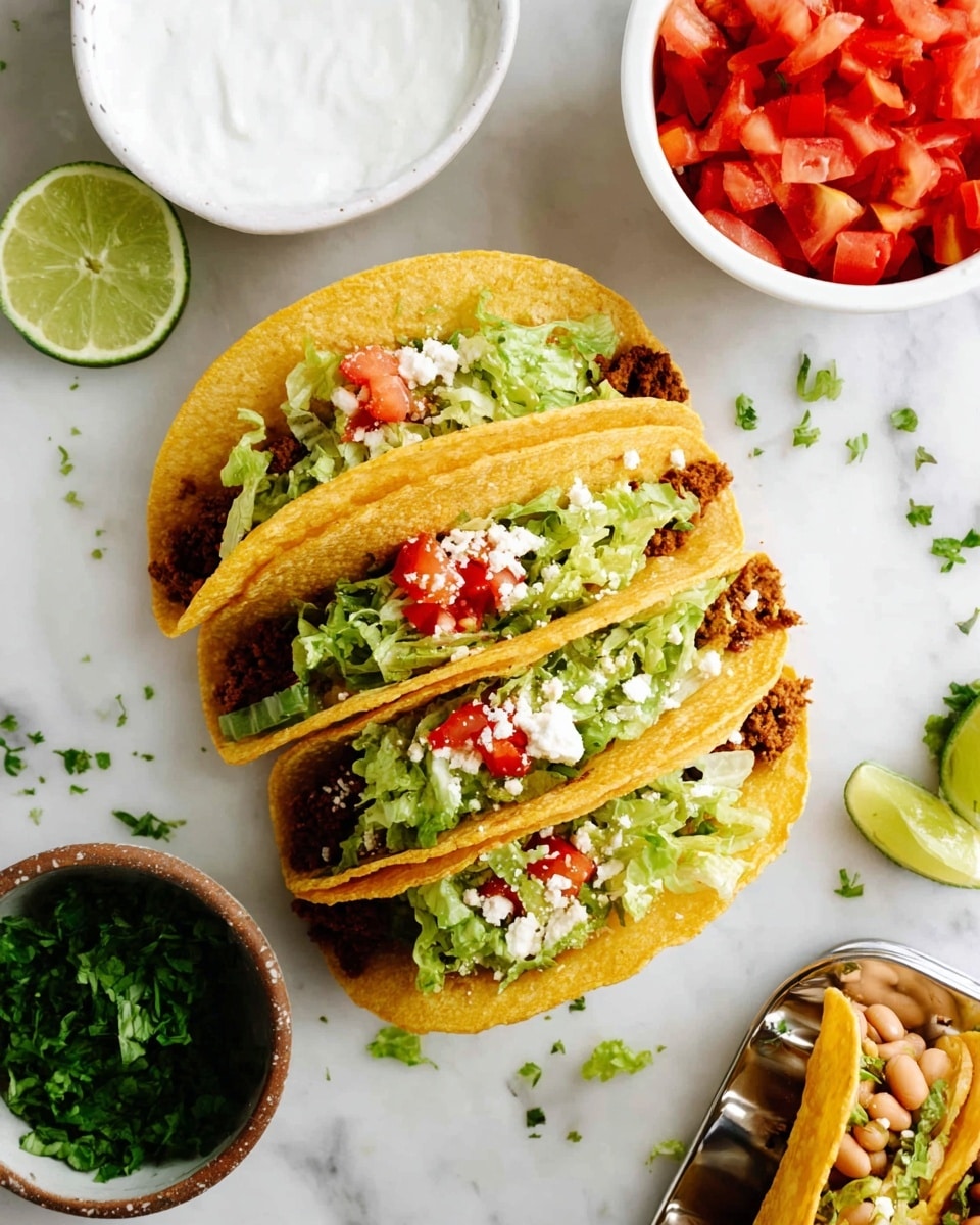 The image shows five crunchy yellow taco shells filled with three main layers: a brown meat and bean mix at the bottom with melted golden cheese, fresh bright green shredded lettuce in the middle, and red diced tomatoes topped with small white cheese crumbs on the top. The tacos are arranged in a row on a white marbled surface with scattered small bits of green herbs around. There are light green lime wedges placed near the tacos, and blurred white bowls containing red diced tomatoes and green herbs frame the scene. Photo taken with an iphone --ar 4:5 --v 7