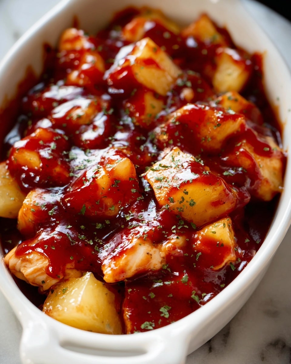 The dish shows chunks of light yellow pineapple and creamy white chicken pieces in a close-up shot. The chicken and pineapple are covered with a thick, glossy dark red sauce that looks rich and sticky, with some green herb sprinkles sprinkled on top. The food is inside a white bowl with a handle, set on a white marbled surface. The image is bright and sharp, focusing on the texture and colors of the sauce and ingredients. photo taken with an iphone --ar 4:5 --v 7