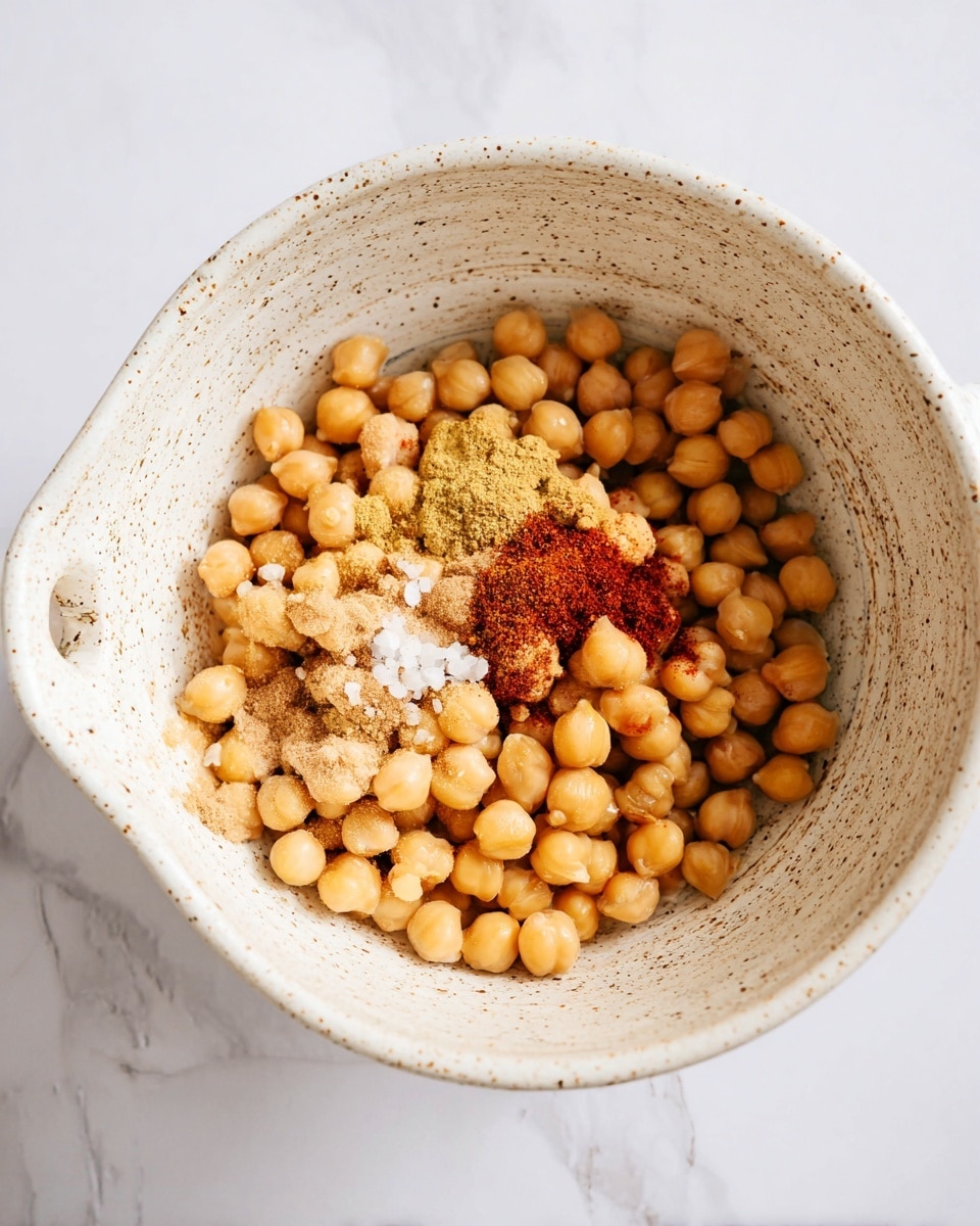 A close-up view of a white speckled bowl filled with light brown chickpeas as the first layer, topped by small patches of reddish-brown spice, light tan powder, golden garlic, and white salt scattered unevenly on the top surface. The bowl is placed on a white marbled surface, showing a clean and bright background. photo taken with an iphone --ar 4:5 --v 7