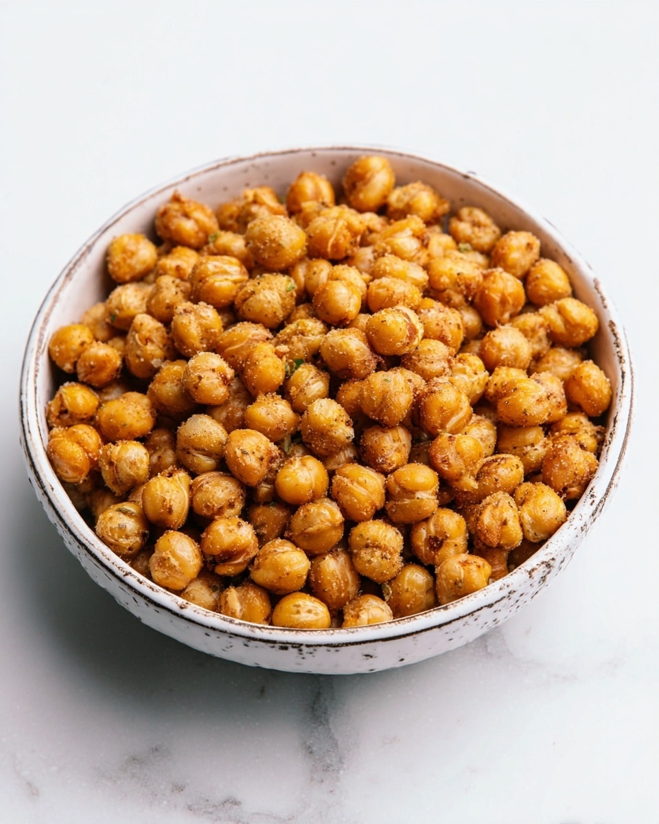 A round white ceramic bowl filled with a single thick layer of golden-brown roasted chickpeas. The chickpeas have a slightly rough texture, some with a light dusting of seasoning. The bowl sits on a white marbled surface, and the edges of the bowl show a slightly aged, rustic look with small dark spots. The image is clean with bright light highlighting the warm color of the chickpeas. photo taken with an iphone --ar 4:5 --v 7