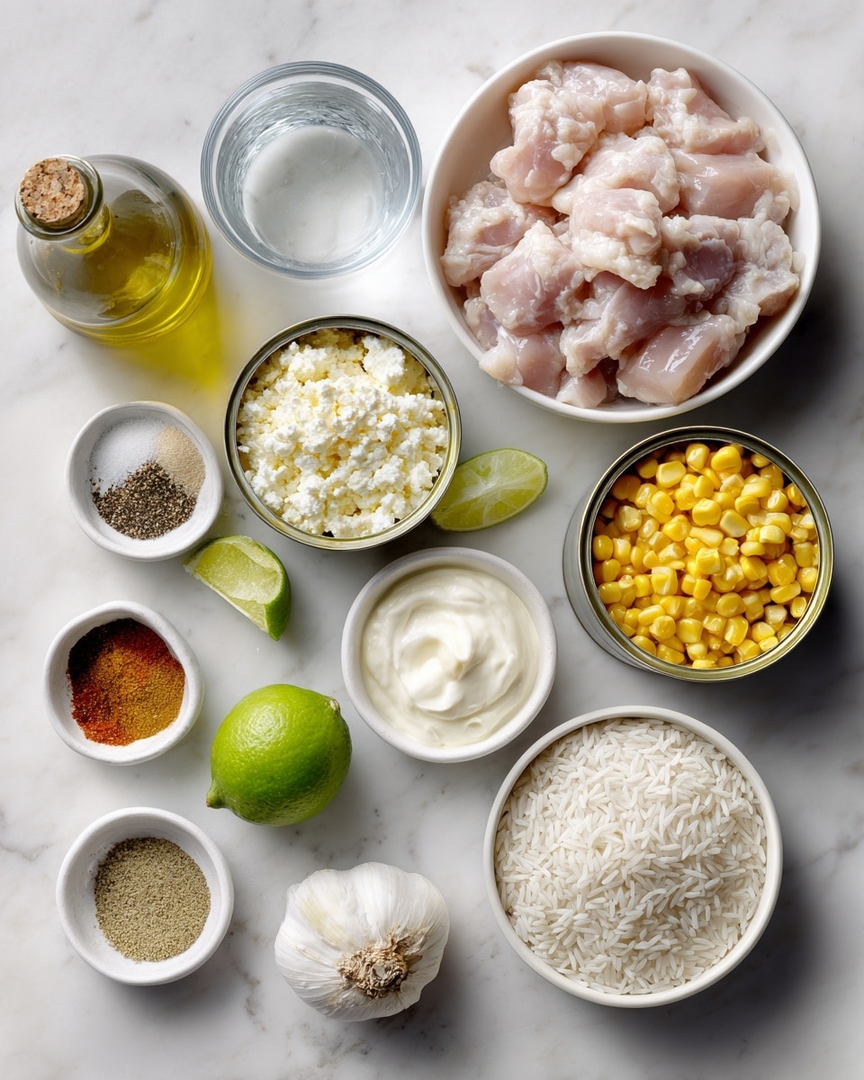The image shows an overhead view of a collection of cooking ingredients arranged neatly on a white marbled surface. On the right side, there is a white bowl filled with raw light pink chicken pieces. Below it, there is a bowl with white uncooked rice grains. Near the center, a clear glass cup contains plain water. Surrounding these are small white bowls containing crumbled white cotija cheese, thick white sour cream, and light beige mayo. Two open cans reveal bright yellow corn kernels side by side with a fresh green lime and a clove of garlic next to them. On the left side, there is a small glass bottle with green olive oil, and four spice containers labeled salt & pepper, garlic, chili powder, cumin, and smoked paprika. The layout is clean and simple, all on a white marbled background. photo taken with an iphone --ar 4:5 --v 7