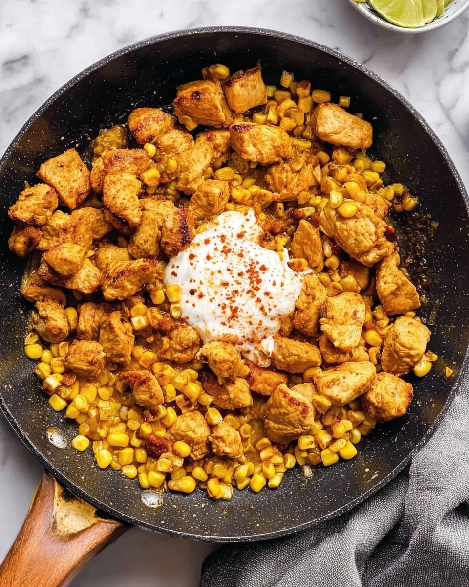 A black pan with a wooden handle holds juicy, cooked pieces of lightly browned chicken scattered evenly across the pan. Small, bright yellow corn kernels are mixed among the chicken, creating a colorful contrast. In the center of the pan, there is a dollop of white sauce sprinkled lightly with red spices. The pan sits on a white marbled surface with part of a gray cloth visible near the bottom right corner. Photo taken with an iphone --ar 4:5 --v 7