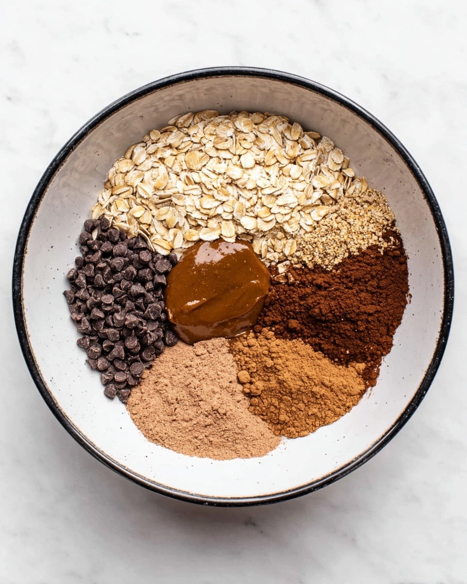 In a large white bowl with a thin black rim, there are six different dry and thick ingredients placed separately without mixing. Starting from the top left, there is a pale layer of rolled oats, beside it to the right a smooth, shiny dark brown almond butter or nut butter. Below the oats on the left is a pile of small, dark chocolate chips. Below the nut butter and spread along the bottom part of the bowl are three different brown powders of varying shades, with the darkest cocoa powder on the bottom right and two lighter brown powders overlapping toward the center. The bowl is sitting on a white marbled surface. Photo taken with an iphone --ar 4:5 --v 7
