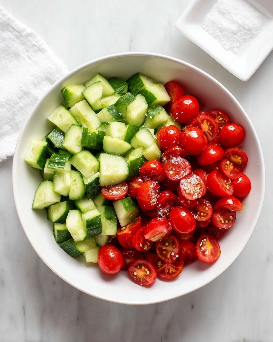 A white bowl holds two main layers of fresh vegetables arranged side by side: bright green chopped cucumber pieces with a smooth texture on the left and vibrant red cherry tomatoes, some halved showing their juicy interior, on the right. A sprinkle of coarse salt is visible on top of the tomatoes. The bowl is placed on a white marbled surface, and a small white rectangular dish with white salt is seen nearby. Photo taken with an iphone --ar 4:5 --v 7