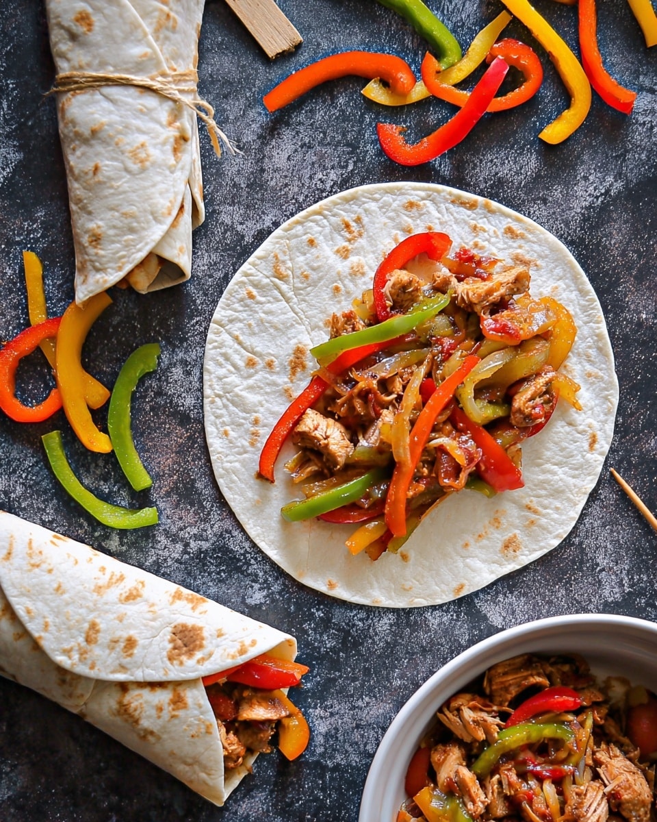 Three soft tortillas are folded around a mixed filling of shredded light brown meat, sliced green, red, yellow, and orange peppers, and small bits of cooked onions. The wraps have a light toasted pattern with a few brown spots and are held in place with small red-tipped wooden picks. The wraps are placed on a white marbled surface scattered with extra pepper strips matching the peppers inside. The overall look is fresh with bright colors from the peppers and warm tones from the meat and tortillas. Photo taken with an iphone --ar 4:5 --v 7