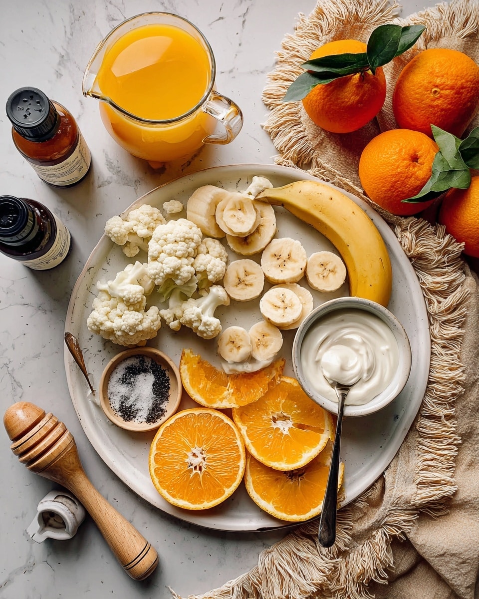 A white tray holds several food items on a white marbled surface. On the tray, there are peeled banana slices arranged in a curved line with a whole banana lying near them. Orange slices and halves are laid near the center and right side, some whole and some squeezed. A small round bowl of white cream sits near the orange slices. Next to it, a wooden citrus juicer is stained with orange juice. A small glass pitcher filled with bright orange juice is placed near the top left corner of the tray. Off the tray to the left are small bottles of dark and light liquids with labels. A beige bowl with cauliflower florets and a clear bowl with a black and white ground powder and spoon are placed on the tray bottom edge. Several whole oranges with green leaves sit on the top right corner on the white marbled surface with a fringed beige cloth. photo taken with an iphone --ar 4:5 --v 7