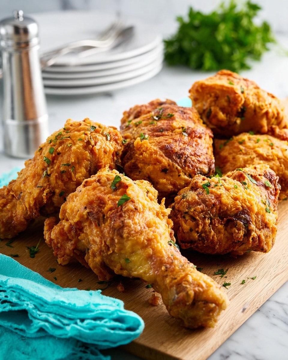 A wooden board is filled with several pieces of golden brown fried chicken including drumsticks and thighs showing a crispy, slightly rough texture. The chicken is sprinkled with small green herb leaves for garnish. Behind the board, there are stacked white plates and a turquoise napkin folded next to fresh parsley. A salt and pepper shaker sit on a white marbled surface in the background. The scene is bright and clear with a close-up focus on the chicken pieces. photo taken with an iphone --ar 4:5 --v 7