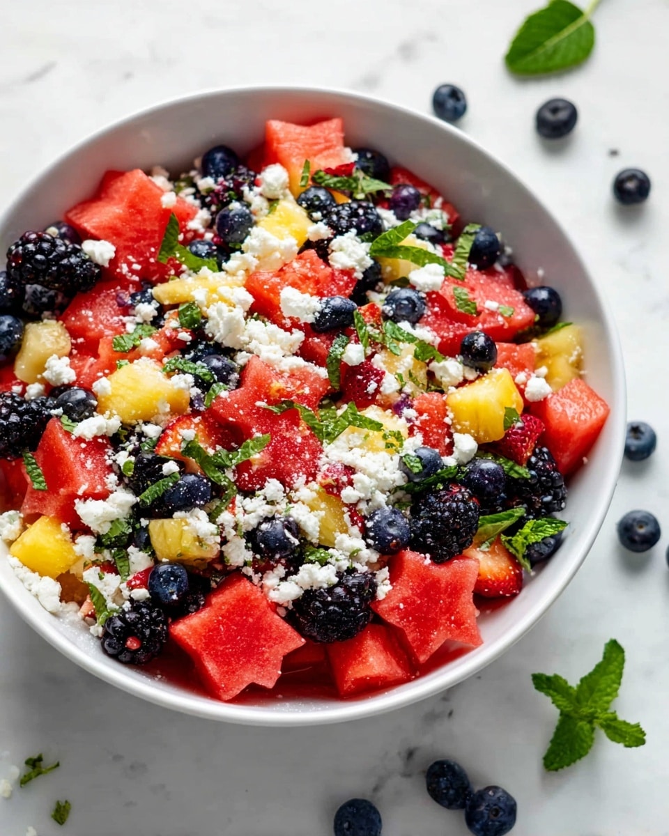 In a white bowl on a white marbled surface, there is a colorful fruit salad with multiple layers. The bottom layer shows chunks of red watermelon and orange-yellow mango pieces mixed evenly. Scattered on top are bright red strawberry slices, plump dark blue blueberries, and large blackberries adding deep black texture. White crumbles of cheese are sprinkled across the fruit, creating contrast with the bright colors. Small green mint leaves are scattered over the salad, adding a fresh touch. The mixture looks fresh, juicy, and vibrant with a mix of smooth and crumbly textures photo taken with an iphone --ar 4:5 --v 7