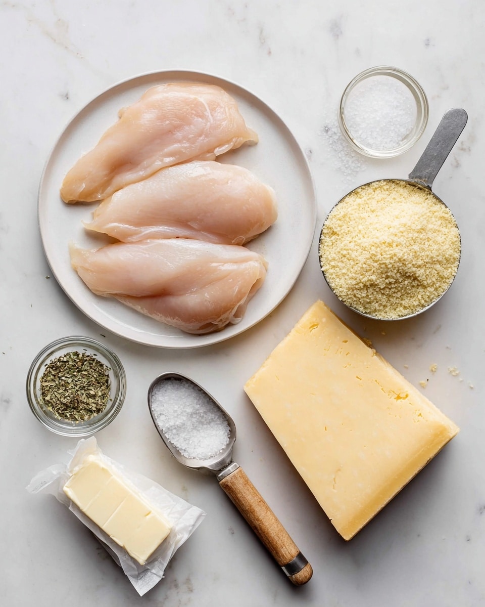 The image shows ingredients laid out on a white marbled surface. At the center, there is a white plate holding three pale pink raw chicken fillets with smooth textures. To the right, a metal measuring cup with a wooden handle is full of pale yellow breadcrumbs, next to a large wedge of hard light yellow cheese with a slightly rough surface. Below the plate is a small stick of butter wrapped in a paper wrapper. To the left, a small clear glass bowl contains dried green herbs with a coarse texture, and above it, a teaspoon with a wooden handle holds white salt granules. photo taken with an iphone --ar 4:5 --v 7