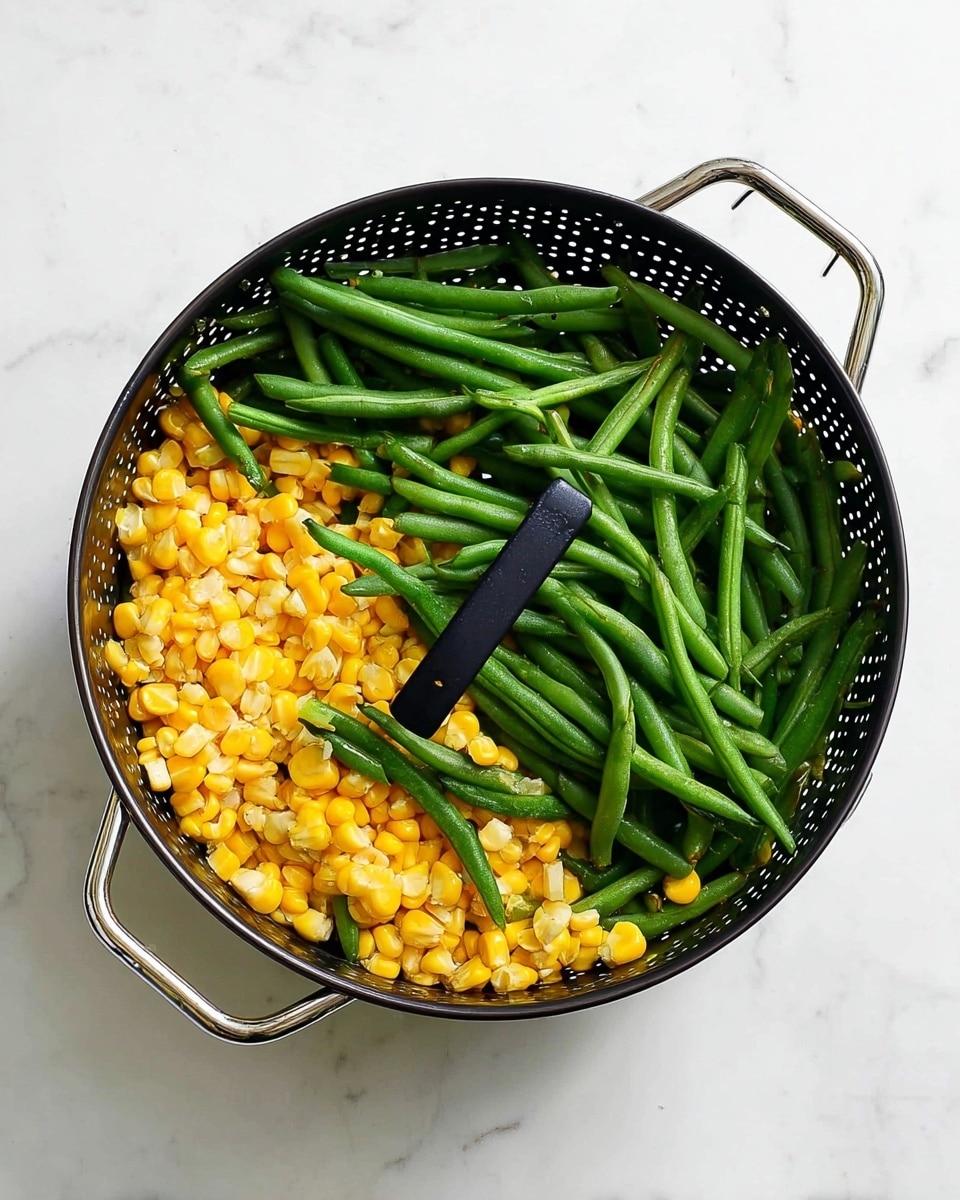 A black metal steamer basket filled with two layers of vegetables, placed on a white marbled surface. The bottom layer is bright yellow corn kernels, slightly scattered, showing a mix of whole and some smaller pieces. The top layer consists of fresh green beans of different lengths, lying mostly across the basket in a loose arrangement. The basket has a black plastic handle in the middle, and silver metal handles on each side. Photo taken with an iphone --ar 4:5 --v 7