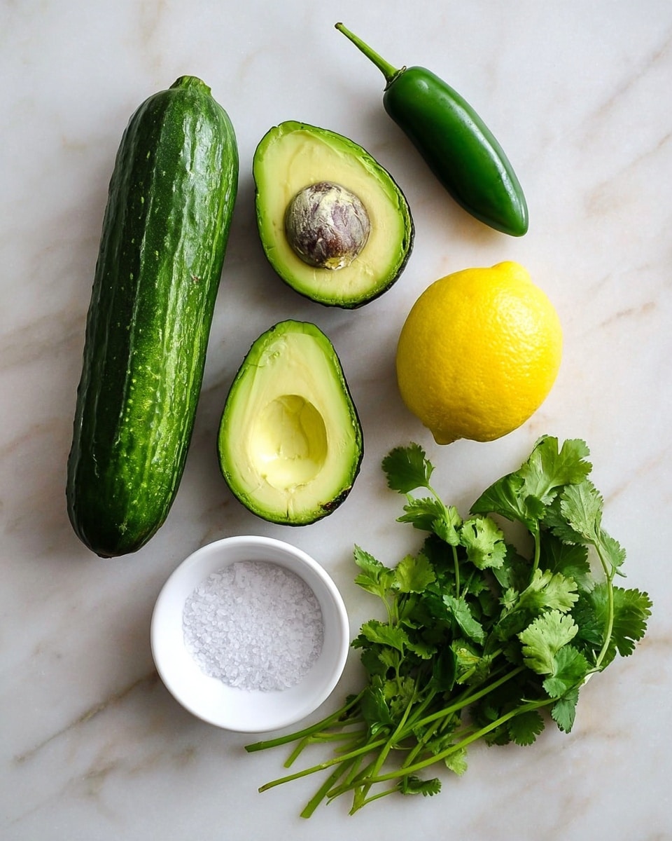 The image shows fresh ingredients arranged on a white marbled surface. There is one whole green cucumber on the left, two avocado halves in the center with one seed showing, a bright yellow lemon above them, and a green jalapeño pepper to the right. Below the pepper, there is a small white bowl filled with coarse salt, and next to it on the right is a bunch of fresh green cilantro with leaves and stems visible. The natural colors and textures of each ingredient stand out clearly in soft, natural light photo taken with an iphone --ar 4:5 --v 7
