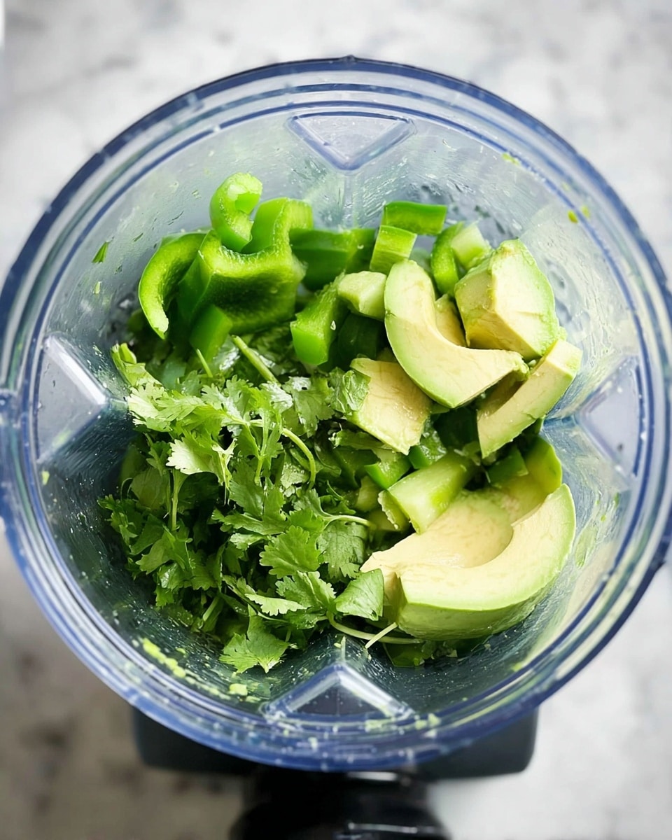 A clear blender jar is filled with a mix of fresh green ingredients, including chopped green bell pepper pieces on the left and front sides, slices of avocado showing light green creamy texture in the middle and left, and bright green cilantro leaves scattered on the right and top layers. The blender is placed on a white marbled surface. photo taken with an iphone --ar 4:5 --v 7