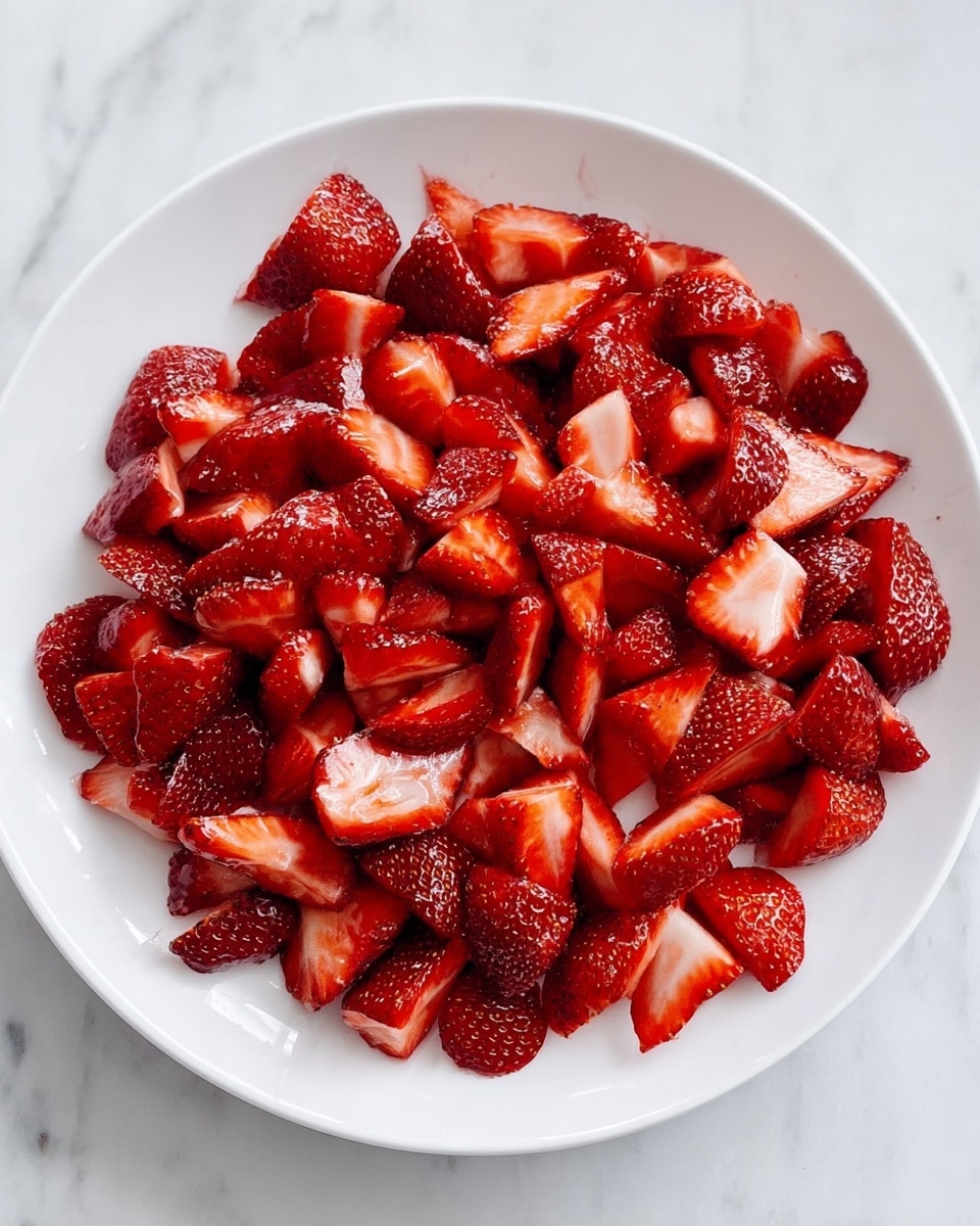 A white round plate filled with a single layer of bright red strawberry pieces, cut into various shapes such as halves and slices. The strawberries look juicy and shiny, showing their seeds and soft inner texture clearly. The plate sits on a white marbled surface that adds a clean and fresh look to the image. photo taken with an iphone --ar 4:5 --v 7