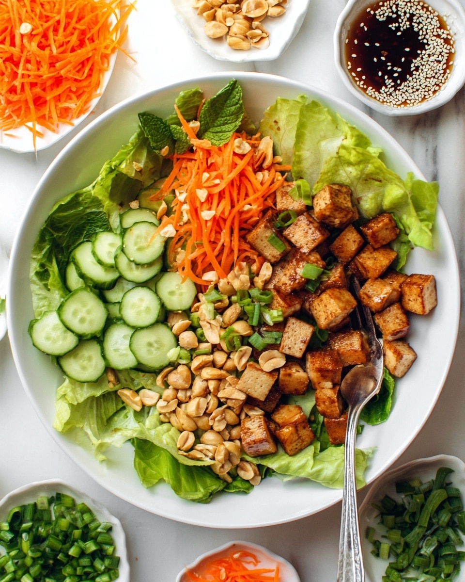 A white bowl on a white marbled surface holds a fresh salad with layered green lettuce leaves as the base, topped with bright orange shredded carrots on one side, fresh sliced cucumber pieces on the opposite side, and a pile of light brown roasted peanuts in the center. Above the peanuts, there are many browned tofu cubes scattered mainly on one side of the bowl. Small chopped green onions are sprinkled over the whole salad. Surrounding the bowl are small white dishes with chopped green onions, shredded carrots, peanuts, and a bowl with dark sauce topped with white sesame seeds. A silver fork rests inside the bowl near the bottom edge. Photo taken with an iphone --ar 4:5 --v 7