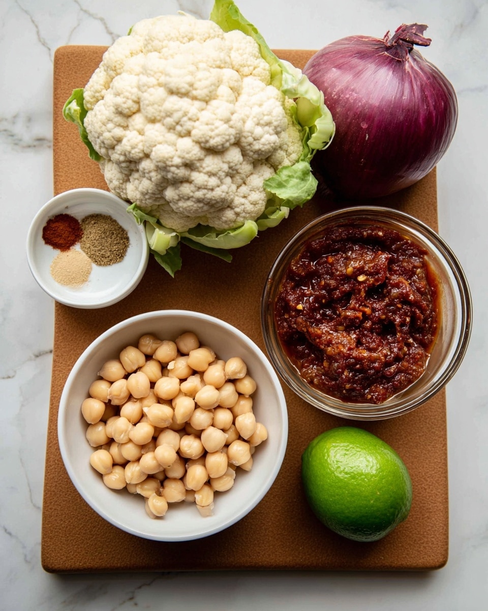 The image shows a white bowl filled with light beige chickpeas in the center on a brown textured board. To the right, there is a glass bowl with dark red chili paste, thick and chunky with visible chili seeds. Above the glass bowl is a whole cauliflower with white curds and green leaves around the base. Next to the cauliflower, there is a whole purple-red onion with a shiny skin. In the upper left corner of the board is a small white bowl containing three different spices in shades of brown and beige. Below that bowl, on the board, there is a whole green lime with a shiny surface. The board is placed on a white marbled surface. photo taken with an iphone --ar 4:5 --v 7