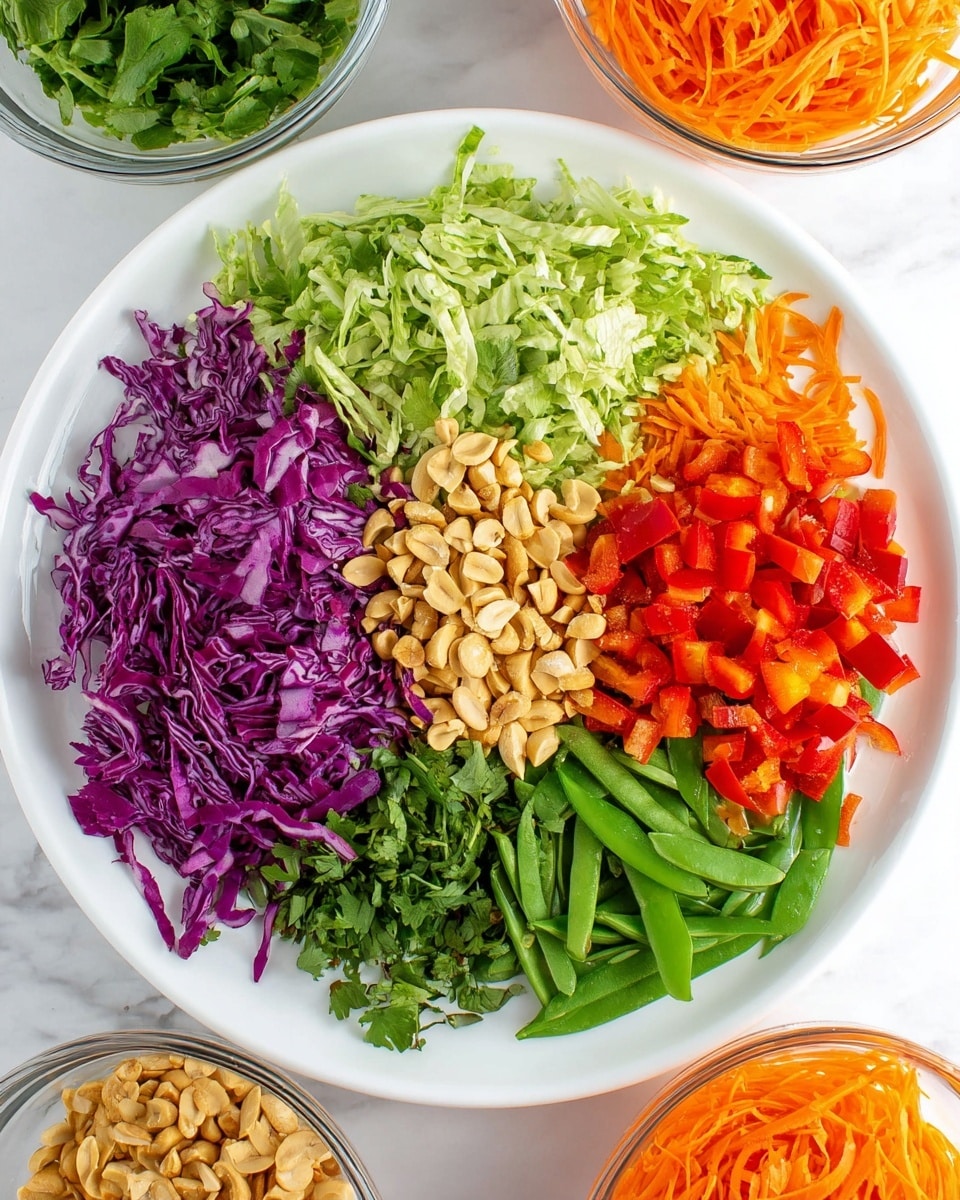 A white plate with six colorful sections of vegetables arranged in a circle on a white marbled surface, showing shredded green lettuce in the top left, chopped purple cabbage at the top center right, diced red bell peppers on the top right, sliced green beans on the bottom right, shredded orange carrots at the bottom left, and a pile of sliced nuts and chopped green herbs in the center. Three small glass bowls surround the plate, filled with shredded carrots, leafy greens, and sliced nuts. Photo taken with an iphone --ar 4:5 --v 7