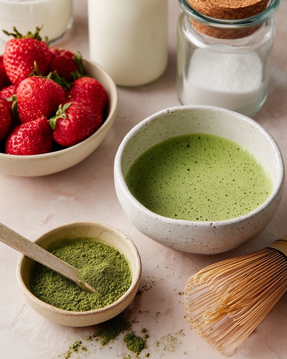 A white speckled bowl filled with a bright green frothy matcha tea sits in the center, with a fine powder of matcha tea spread loosely to the left in a small beige bowl, showing a wooden scoop partially covered with powder. To the right and slightly behind the bowl, a light bamboo matcha whisk lies, its delicate thin tines fanning out. In the background, a white marbled texture surface supports a clear glass milk bottle partially filled with white milk, a beige bowl with bright red strawberries, and a clear jar with white sugar topped with a cork lid. Photo taken with an iphone --ar 4:5 --v 7