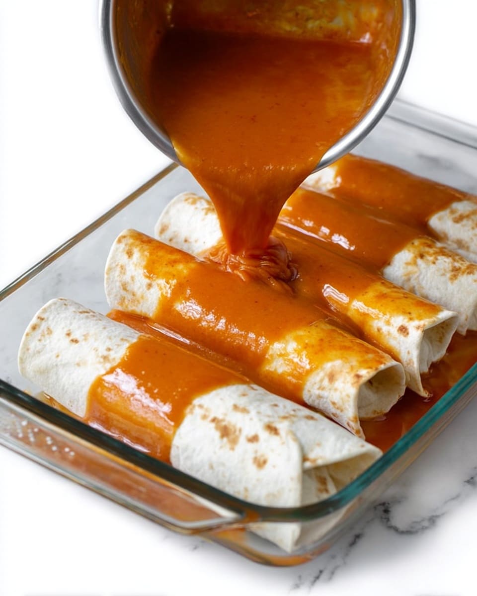 A clear glass rectangular dish filled with six wrapped burritos placed side by side in two rows of three, the burritos are white with light brown spots and soft texture. Thick, smooth orange sauce is being poured from a metal cup onto the burritos, spreading across their top surface and pooling slightly around the bottom edges inside the dish. The background is a white marbled texture. photo taken with an iphone --ar 4:5 --v 7