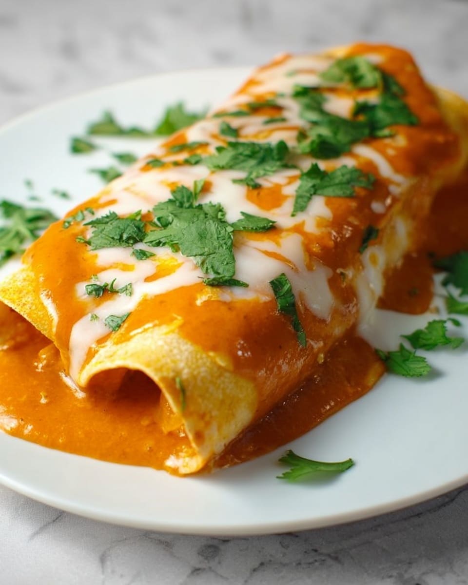 The image shows a close-up of a single rolled enchilada on a white plate, topped with three layers. The bottom layer is a light yellow corn tortilla, soft and folded tightly. The middle layer is a thick, smooth, orange sauce covering the tortilla completely, with some sauce slightly dripping over the edge. The top layer is melted white cheese spread evenly on the sauce, with fresh green cilantro leaves scattered on top and around the plate. The background is a white marbled texture. Photo taken with an iphone --ar 4:5 --v 7