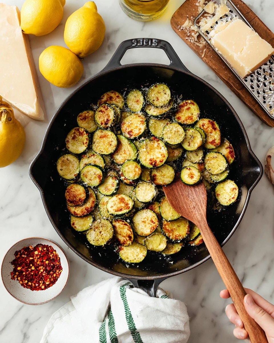 The image shows a black skillet filled with golden brown cooked zucchini slices that have green edges and a slightly crispy texture. A woman’s hand is holding a light wooden spoon, gently stirring the zucchini. The skillet is placed on a white marbled surface with a white cloth that has green stripes underneath the handle. Surrounding the skillet are whole yellow lemons, a thick block of Parmesan cheese propped against a metal grater, a small white bowl filled with red chili flakes, and a bottle of light olive oil, all adding bright and warm colors around the skillet. Photo taken with an iphone --ar 4:5 --v 7