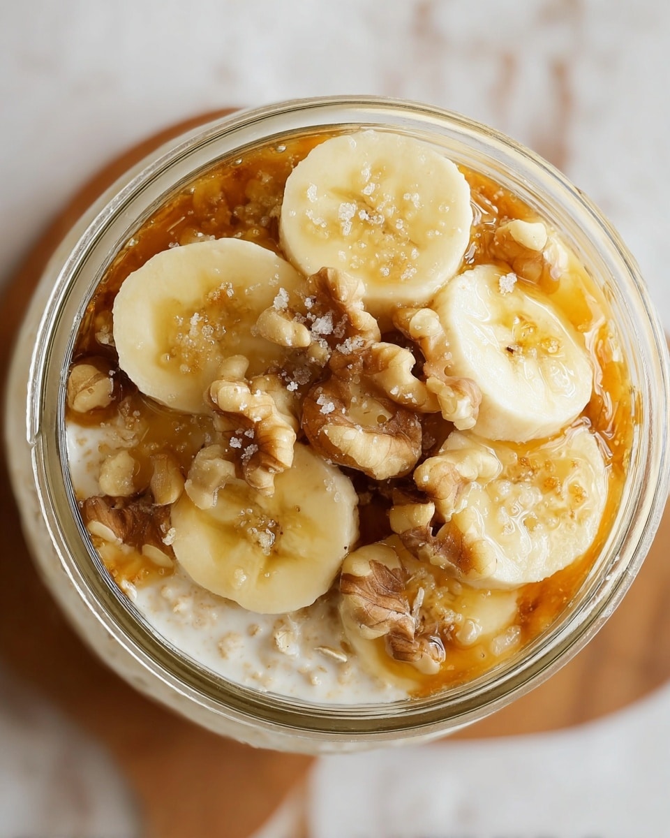 The image shows a close-up top view of a glass jar filled with a layer of creamy white oatmeal at the bottom, topped with several slices of yellow banana arranged in a circular pattern. Scattered on top of the bananas are pieces of light brown walnuts, and a drizzle of golden syrup is spread over the entire surface, adding a shiny texture. There are small sprinkles of light brown sugar crystals on the bananas and walnuts. The jar is set on a white marbled surface. Photo taken with an iphone --ar 4:5 --v 7
