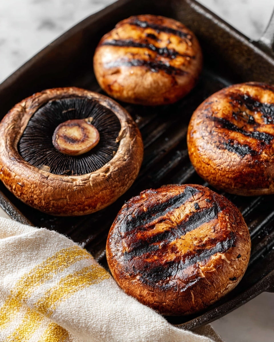 Grilled Portobello Mushrooms Recipe 5 The image shows five large grilled mushrooms arranged in a black cast iron grill pan on a white marbled surface. Each mushroom has a rich brown color with darker char marks from the grill. One mushroom is upside down in the top left, showing a textured dark inner surface, while the other four mushrooms display their smooth rounded tops with distinct grill lines, creating a pattern of dark stripes across their glossy surface. The lighting highlights the shiny, slightly oily texture of the mushrooms. A cream-colored cloth with yellow stripes is partially visible under the pan on the bottom left. Photo taken with an iphone --ar 4:5 --v 7