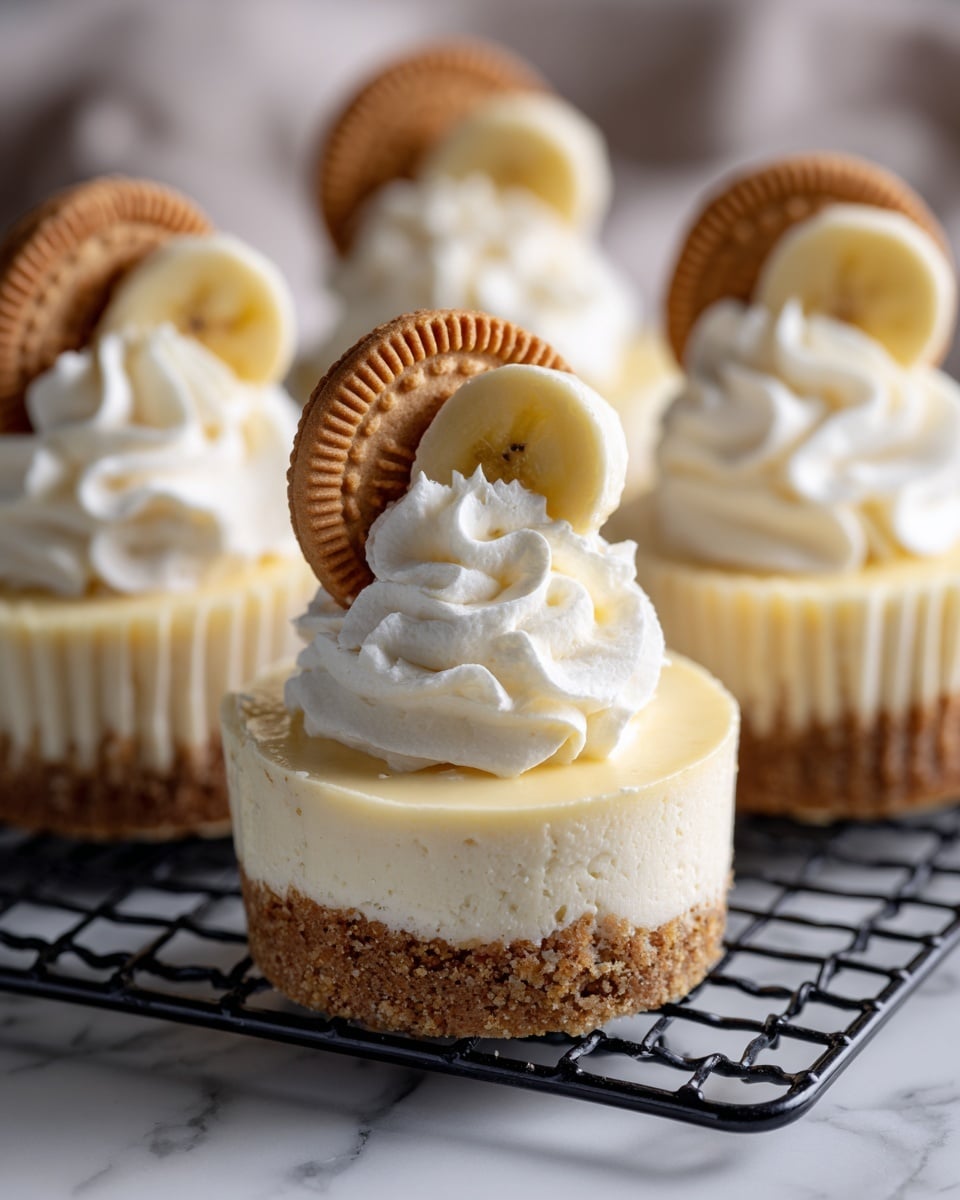 The image shows three banana cream desserts on a white plate with crumbed edges. Each dessert has three layers: a crumbly golden crust at the bottom, a thick creamy pale yellow middle layer, and a topping of white whipped cream swirled with soft peaks. On top of the whipped cream, there is a slice of banana and a round golden cookie positioned behind the banana slice. The background and surface have a white marbled texture, and a peeled banana can be seen blurred in the background. Photo taken with an iphone --ar 4:5 --v 7
