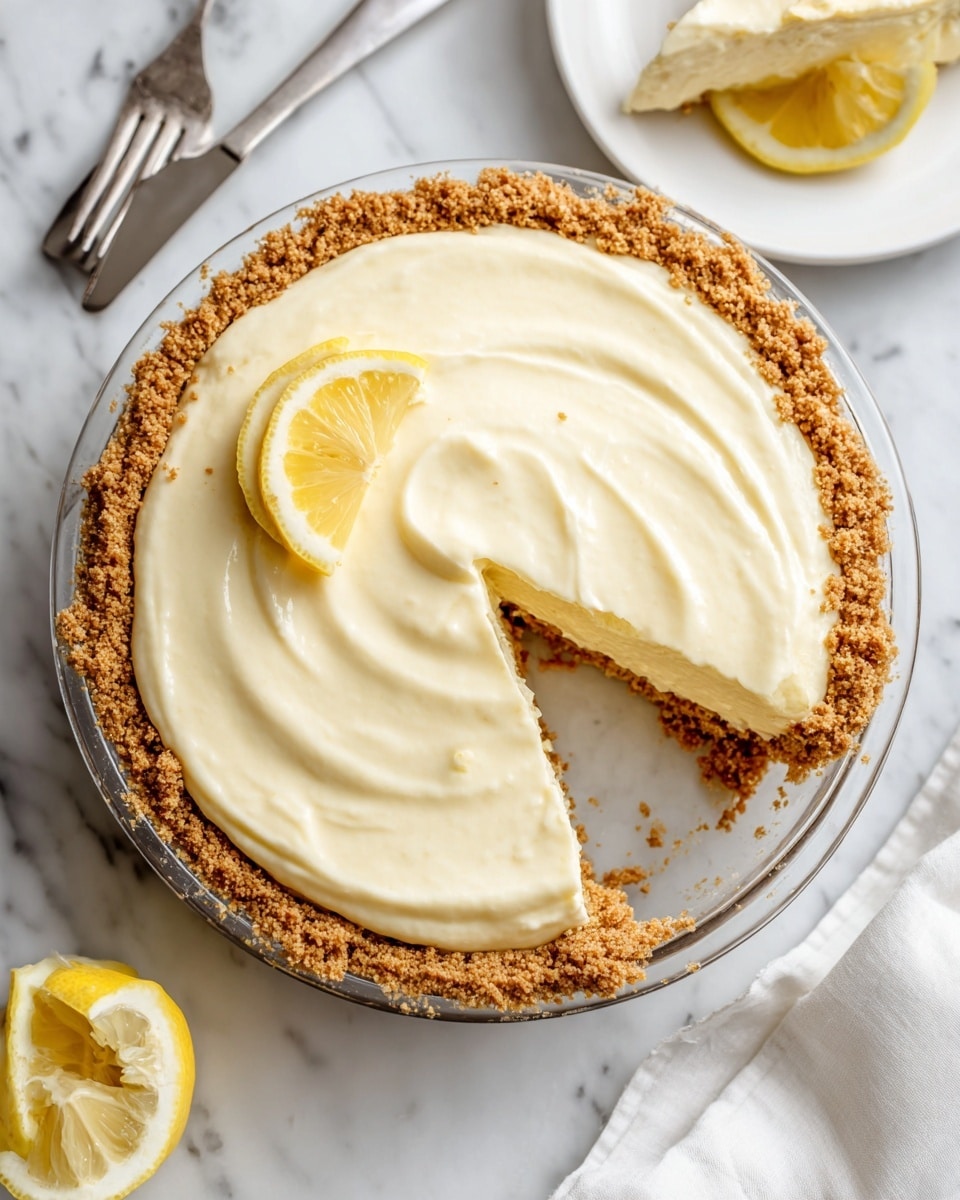 A lemon pie with two layers is shown, sitting in a clear foil pie dish on a white marbled surface. The bottom layer is a crumbly light brown crust, and the top layer is a smooth, creamy pale yellow lemon filling with gentle swirls visible on the surface. One slice has been removed, showing the clean cut between the crust and filling. Nearby on the white marbled surface are a white plate holding a slice of pie with a silver fork, a lemon wedge, and a second white plate with a small amount of cream or filling. photo taken with an iphone --ar 4:5 --v 7