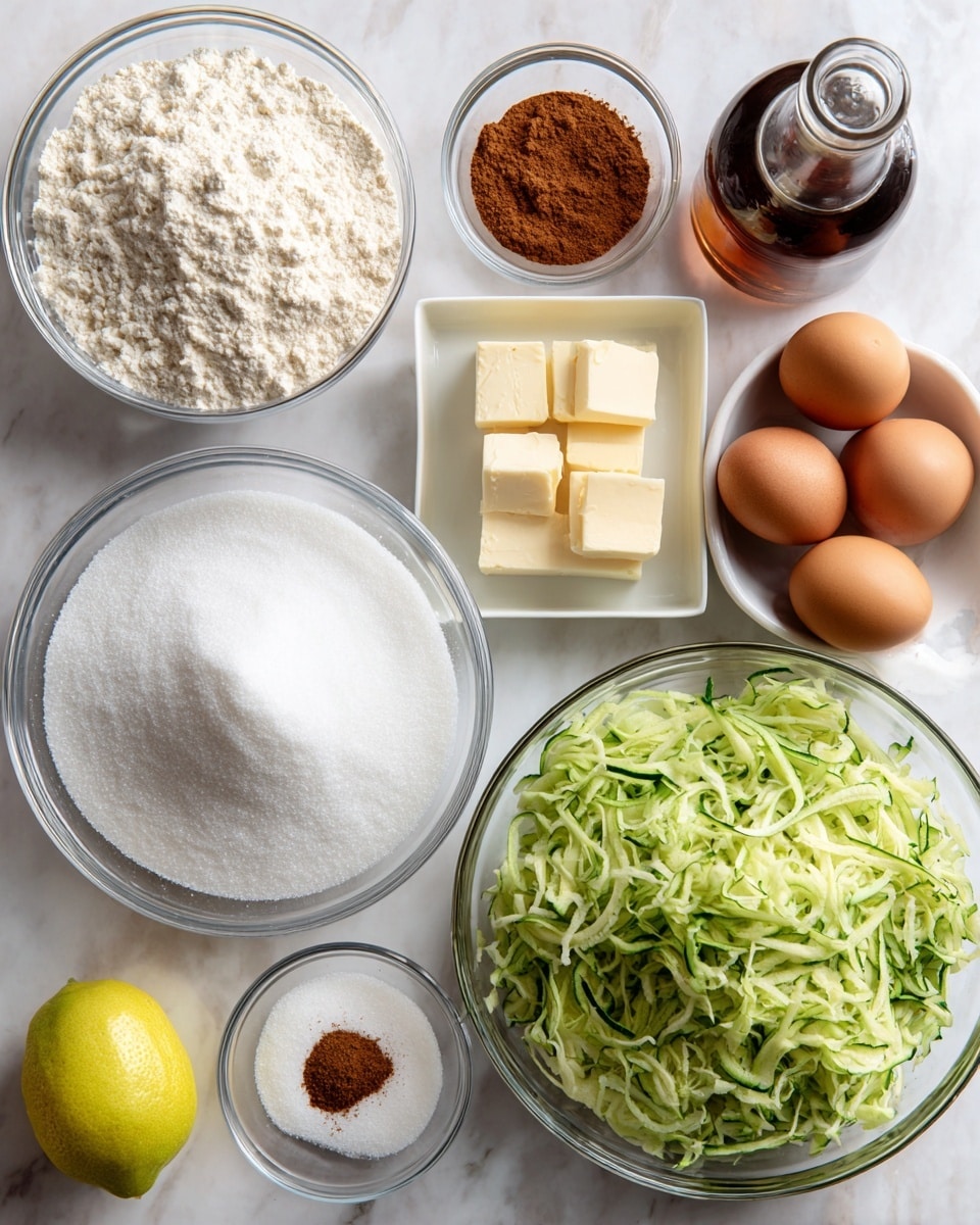 A collection of baking ingredients is arranged on a white marbled surface. In the top right, a large clear glass bowl holds shredded green zucchini with light and dark green textures mixed together. Below it and slightly to the left, two brown eggs sit in a small white bowl. Nearby, a medium white bowl is filled with fine white granulated sugar. Below that, another large clear glass bowl is full of white flour with a soft, powdery texture. To the left of the eggs, a small clear glass square dish contains several blocks of pale yellow butter stacked on top of each other. Above it is a small clear glass bottle filled with a light beige liquid and next to that a small clear glass bottle with a very dark liquid inside. A whole bright yellow lemon rests near the butter dish. In the bottom middle-left, a small white bowl holds white baking powder and a small pile of cinnamon or nutmeg spice. The whole setup is clean, simple, and well lit. Photo taken with an iphone --ar 4:5 --v 7