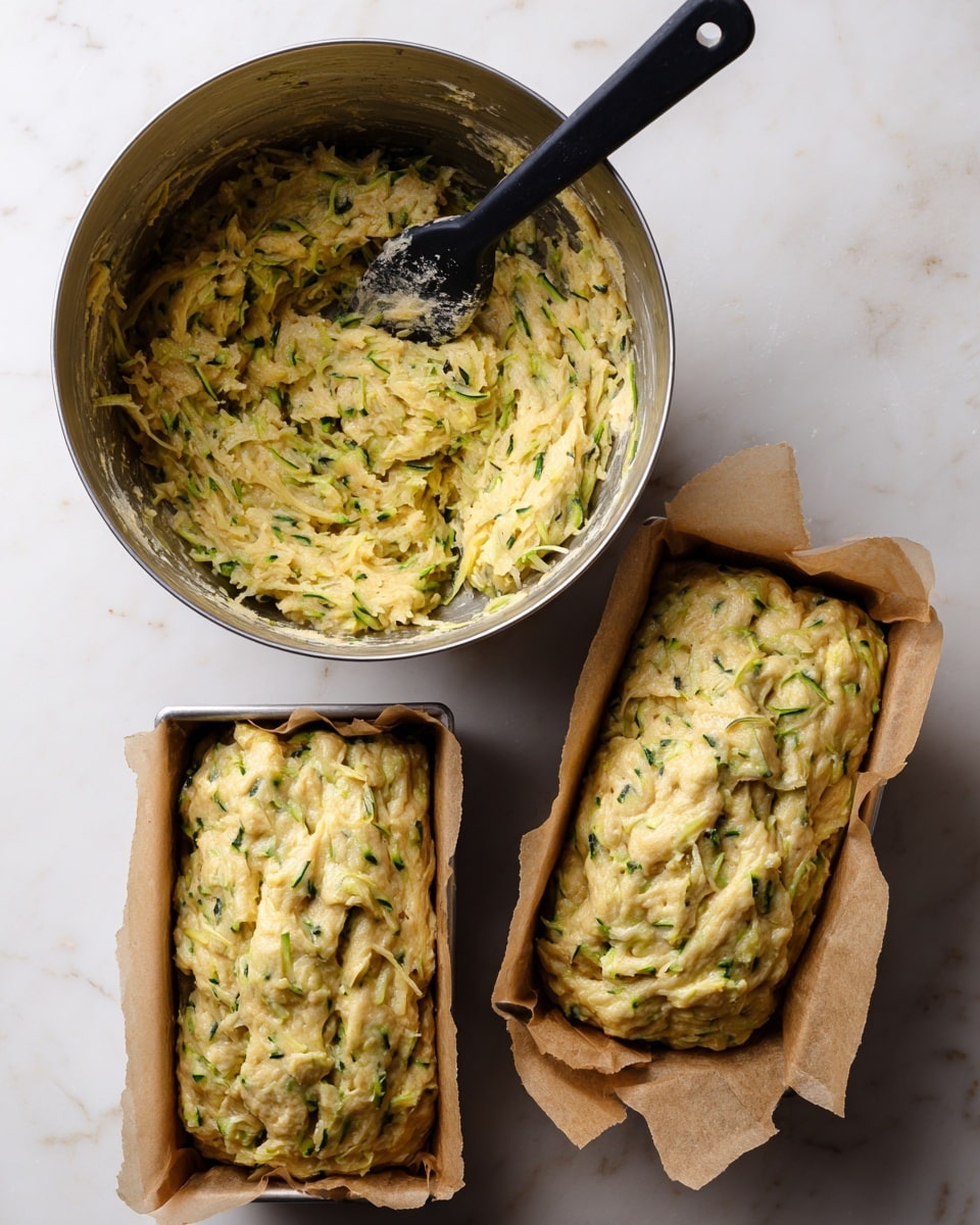 The image shows two scenes side by side on a white marbled surface. On the left, there is a large metal mixing bowl filled with a thick, chunky dough that has visible green zucchini strands mixed throughout. A black spatula rests inside the bowl, partially covered in the dough. On the right, two metal loaf pans lined with brown parchment paper are filled with the same zucchini dough, evenly spread and smoothed out. The dough looks moist and textured with green and light yellow colors from the zucchini and batter. photo taken with an iphone --ar 4:5 --v 7