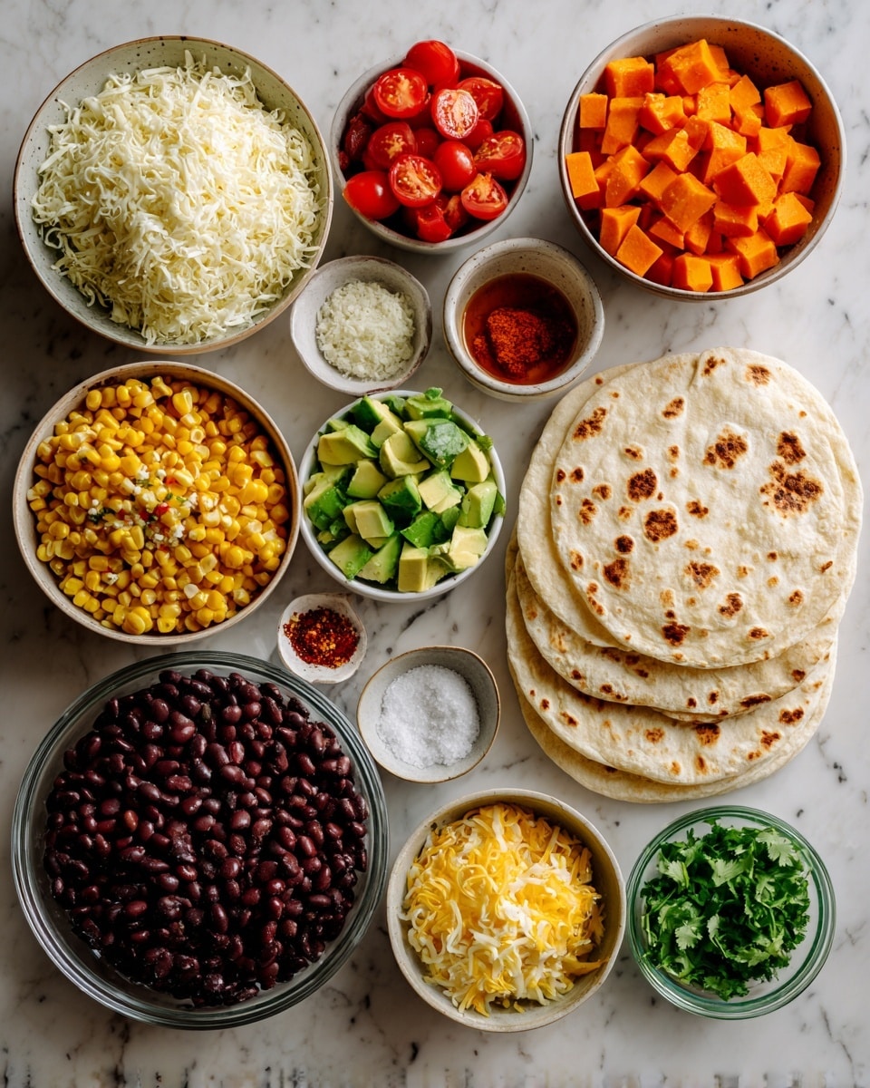 The image shows a top view of several small white bowls and clear glass bowls each holding different ingredients arranged on a white marbled surface. Starting from the top left, there is a clear bowl with shredded yellow cheese, next to it a stack of light beige tortillas with brown spots on them. Below the cheese bowl is a clear bowl filled with diced orange sweet potatoes. To the right of that diced sweet potatoes is a white bowl filled with yellow corn kernels, next to it is a white bowl of brownish-red sauce. Below the sauce is a clear bowl with finely chopped white onions. At the bottom left is a large clear bowl with dark brown beans. Near it are small white bowls with red tomatoes, mixed spices in shades of brown, tan, and orange, and chopped green herbs. There is also a small blue bowl with white salt, a small white dish with light yellow minced garlic, a white measuring spoon with clear liquid, and a clear bowl holding green avocado cubes. All elements are placed neatly on the white marbled surface. Photo taken with an iphone --ar 4:5 --v 7