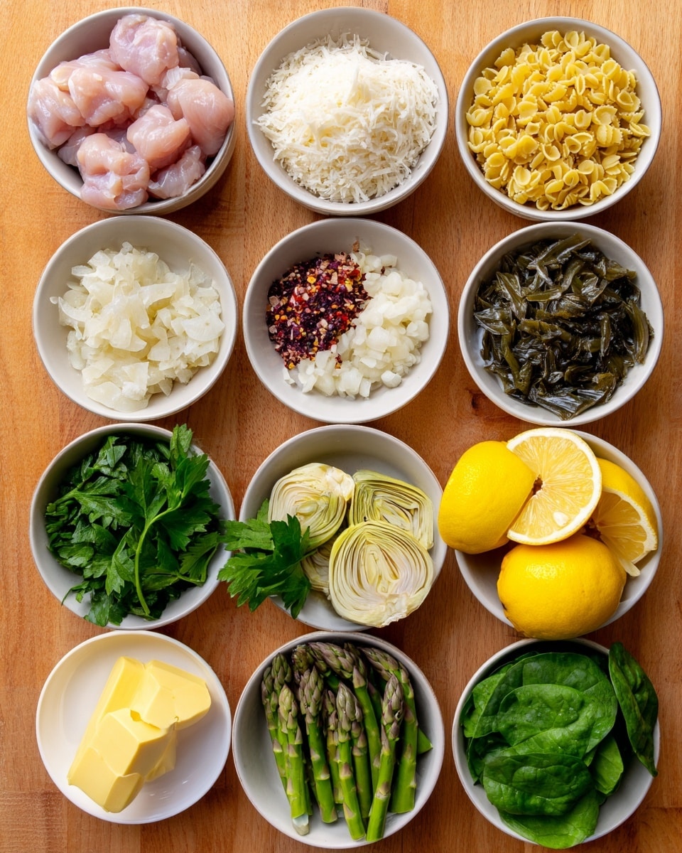 The image shows several white bowls arranged closely on a white marbled surface with various fresh ingredients inside each bowl. Starting from the top left, the first bowl holds light pink pieces of raw chicken. To its right, a bowl filled with finely grated white cheese. Next to that, there is a bowl filled with small, dry, yellow orzo pasta. Below the chicken bowl, a bowl contains small white diced onions. Next to it, a smaller bowl holds chopped garlic and red chili flakes with some oil. At the bottom left, a bowl has bright green asparagus cut into small pieces. Beside it, a bowl with pale yellow artichoke hearts. Moving right, a bowl filled with fresh, dark green spinach leaves. Near the bowls, there are three whole bright yellow lemons and one lemon cut in half with some green parsley leaves nearby. Photo taken with an iphone --ar 4:5 --v 7