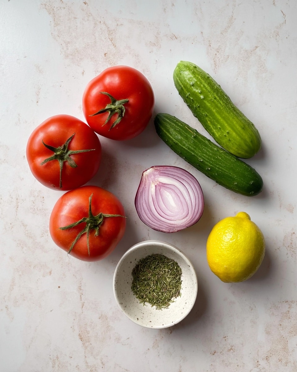 The image shows fresh ingredients on a white marbled surface, including three red tomatoes attached to green stems on the bottom left, three green cucumbers stacked slightly on the top left, a halved red onion with clear purple layers on the top right, one whole yellow lemon next to a small green lime in the center right, and a small white bowl filled with dried green herbs at the bottom center. The scene is simple and bright, highlighting the natural colors and textures of the fresh produce. photo taken with an iphone --ar 4:5 --v 7