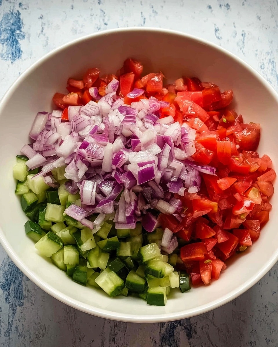 A white bowl filled with three layers of finely chopped vegetables on a white marbled surface. The bottom layer is made of small green cucumber pieces, visible on the side edges. Above the cucumber is a layer of bright red diced tomatoes, covering most of the bowl's inside. The top layer consists of small purple and white pieces of red onion, scattered over the tomatoes. The colors stand out clearly with the fresh, moist texture of the chopped vegetables. photo taken with an iphone --ar 4:5 --v 7