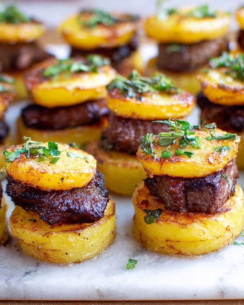 The image shows many small stacks of three layers placed on a white marbled surface. Each stack has a bottom layer of a thick, round, golden-yellow potato slice with crispy edges. The middle layer is a piece of cooked dark brown meat with a slightly rough texture. The top layer is another golden-yellow potato slice that is round and has a light char, garnished with chopped green herbs. The stacks are arranged in lines and look crisp and well-cooked. The background is bright, enhancing the warm colors of the food photo taken with an iphone --ar 4:5 --v 7