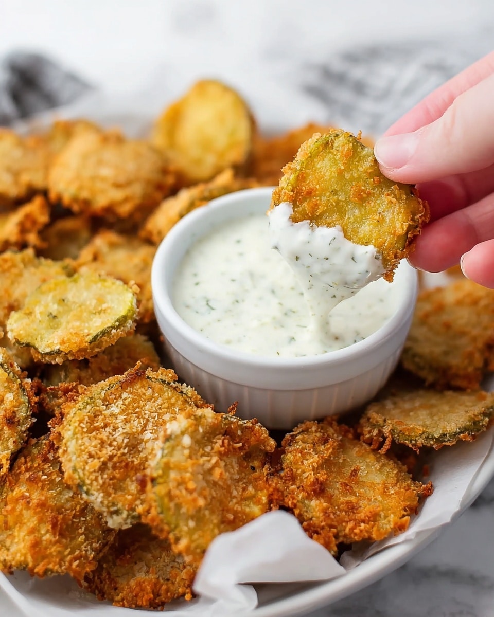 A close-up view shows a woman's hand holding a fried, golden brown, round pickle chip that is partially dipped into a small white bowl of thick white dipping sauce with green herb specks. The bowl sits on a white plate filled with many more crispy fried pickle chips, all golden and crunchy, resting on a white marbled surface. The scene highlights the textured, crunchy coating of the pickle chips and the creamy sauce dripping slightly from the dipped piece, creating a warm and tasty look. photo taken with an iphone --ar 4:5 --v 7