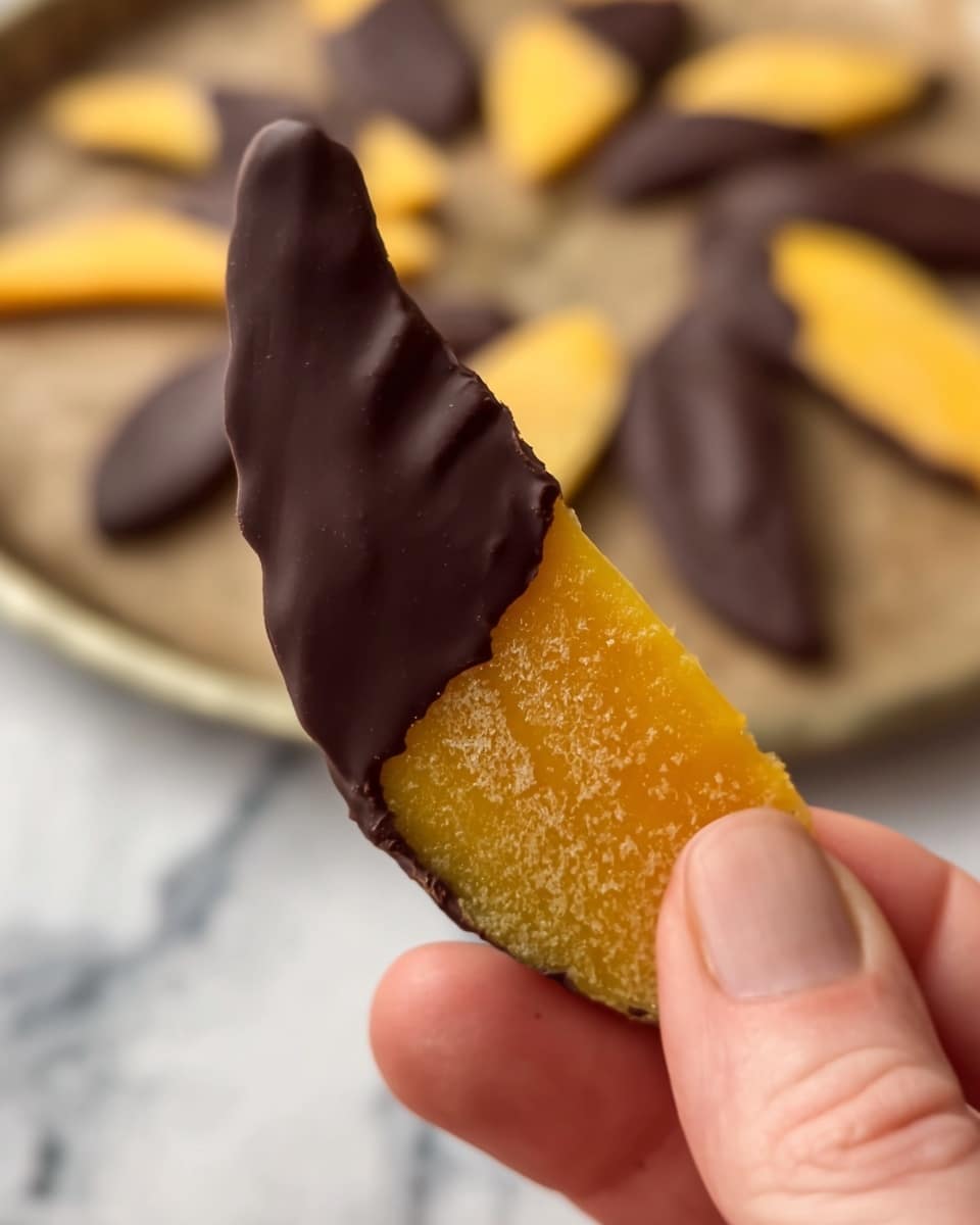 A close-up view shows a piece of dried mango partially dipped in dark chocolate, with the chocolate coating covering about two-thirds of the mango slice starting from the top. The mango part has a rough, slightly textured bright yellow-orange surface, while the chocolate coating is smooth and shiny with a dark brown color. The piece is held gently by a woman's hand with visible fingertips at the bottom right corner. In the blurred background, there is a round tray with more pieces of dried mango similarly dipped in chocolate, arranged in a circular pattern on a white marbled surface. photo taken with an iphone --ar 4:5 --v 7