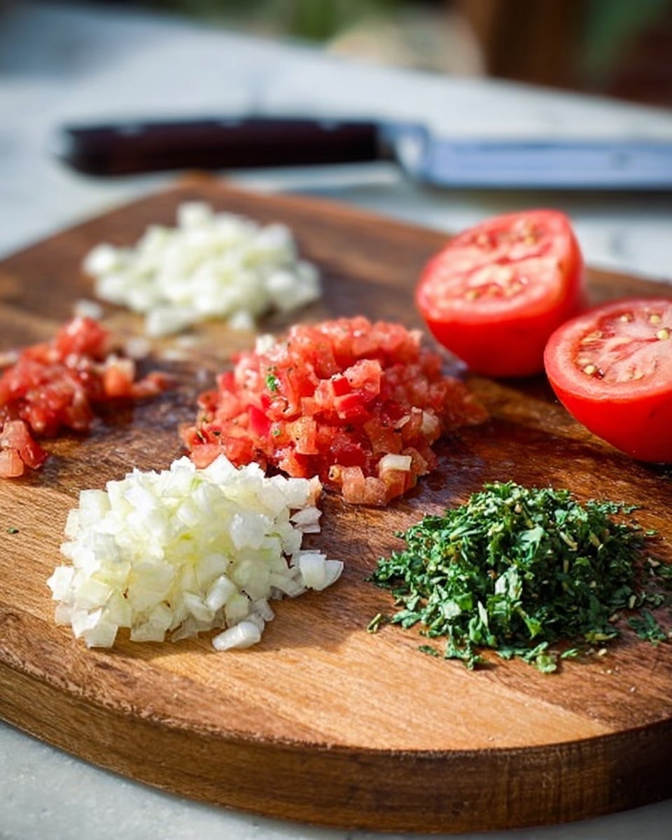 The image shows a wooden cutting board placed on a white marbled surface. On the board, there are five small piles of chopped ingredients arranged in a semi-circle from left to right: finely chopped white onion, small diced red tomatoes, minced white garlic, chopped green herbs, and whole two tomato halves with juice visible. In the background, there is a knife with a dark handle lying flat on the board. The scene captures the fresh and prepared ingredients in soft natural light, with the focus on the colorful textures of the chopped vegetables and herbs. Photo taken with an iphone --ar 4:5 --v 7