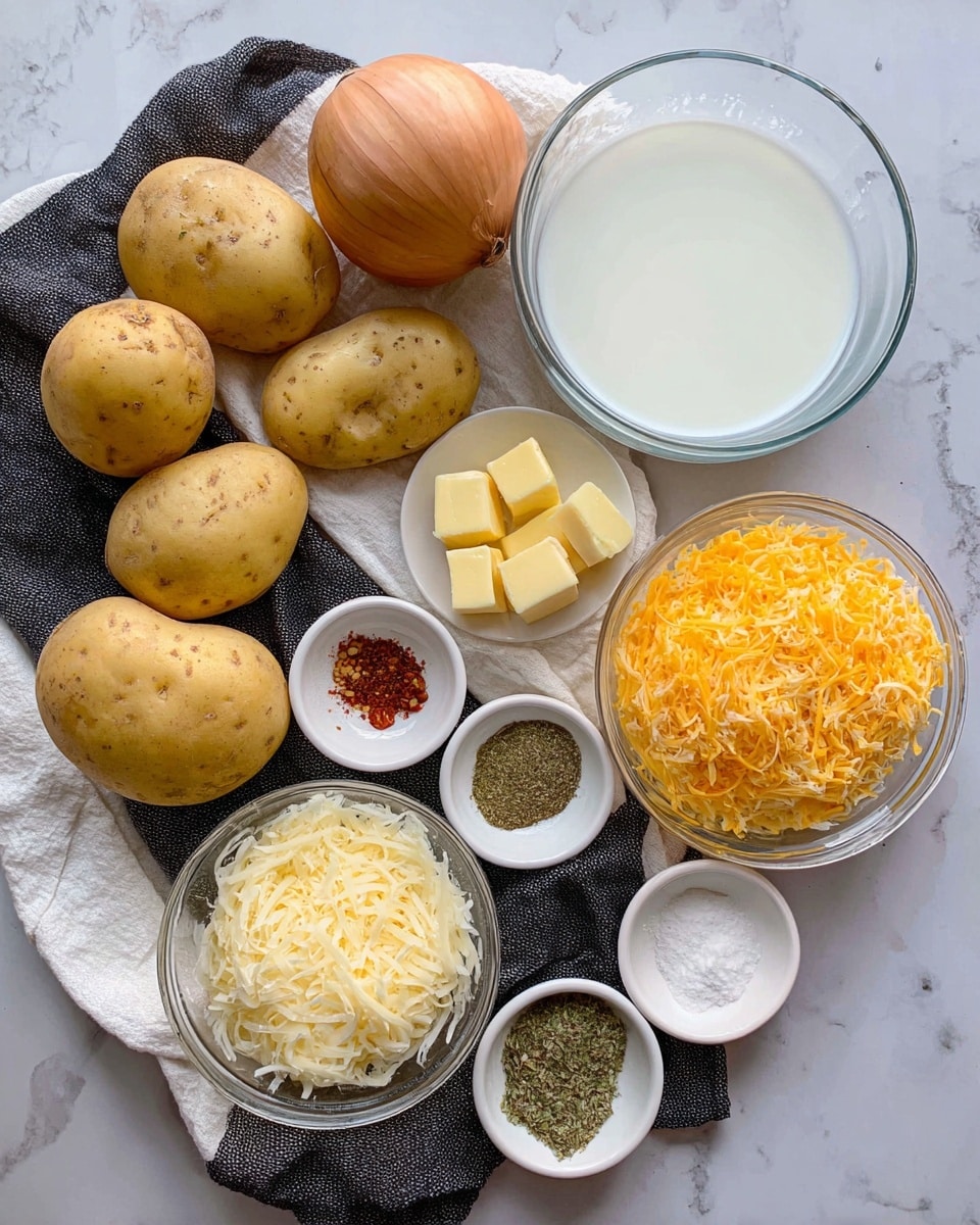 The image shows various ingredients neatly arranged on a white marbled surface with a white and black cloth under some of them. There are several whole light yellow potatoes with small brown spots, one large onion with light brown skin, and two clear glass bowls filled with shredded yellow cheese and white milk. Small white bowls hold cubes of light yellow butter, minced garlic, finely shredded pale yellow cheese, a mix of dried herbs and spices in green, red, and black, white flour, and black pepper and salt. The overall setting is clean and organized with a soft natural light. photo taken with an iphone --ar 4:5 --v 7