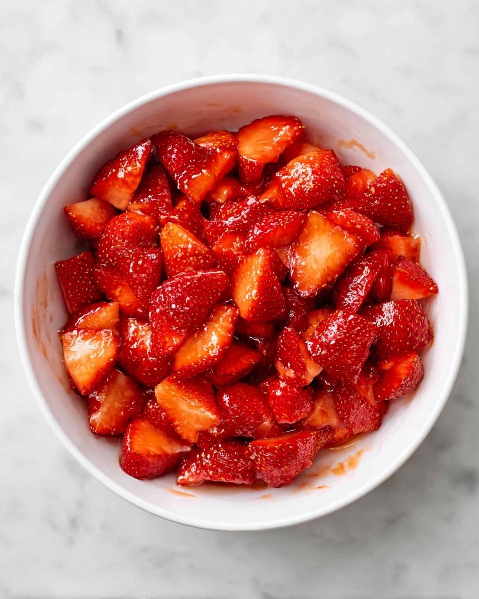 A white bowl filled with chopped bright red strawberries, each piece shiny with a sweet glaze covering them evenly, arranged closely together and filling the bowl almost to the brim, sitting on a white marbled surface with some fruit juices visible along the inside edges of the bowl, photo taken with an iphone --ar 4:5 --v 7