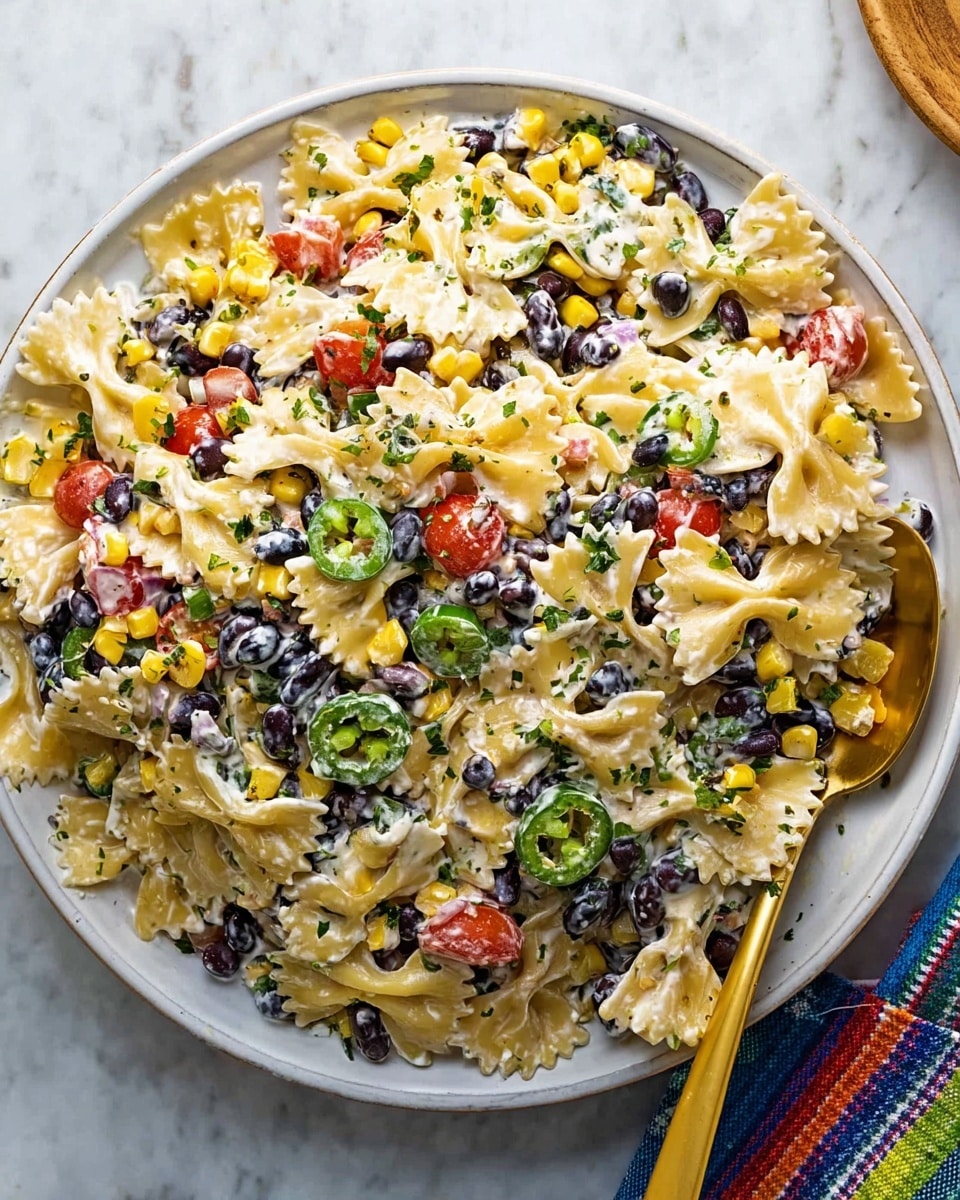 The image shows a large white plate filled with a colorful pasta salad. The base layer is light yellow bow-tie pasta mixed with a creamy white dressing. Scattered throughout are black beans, bright yellow corn, and small pieces of red tomatoes. Green bits of chopped herbs and slices of green jalapeños add contrast. A golden spoon is partially visible on the right side, resting in the salad. The plate is set on a white marbled surface. photo taken with an iphone --ar 4:5 --v 7