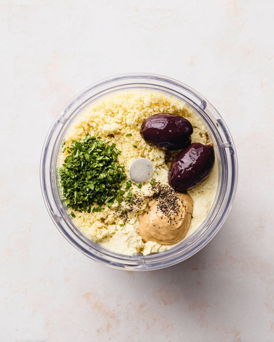 A clear round blender container with five visible ingredients set against a white marbled surface: a base layer of pale yellow, fine crumbly cheese spread across the bottom; two dark purple olives placed side by side near the top right; a light brown smooth paste dollop near the bottom right; finely chopped green herbs stacked on the left side; and a small pile of black ground pepper next to the olives. Photo taken with an iphone --ar 4:5 --v 7