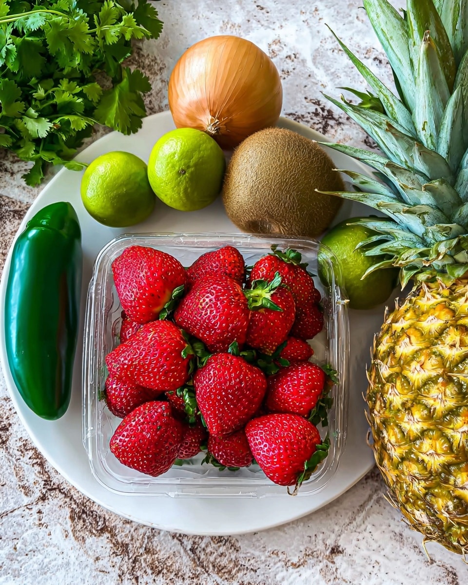 The image shows a round white plate on a white marbled surface, holding a clear plastic box full of bright red strawberries with green tops in the front. Behind the strawberries, there are four brown kiwis, one whole yellow onion, and two limes, all placed on the plate. To the left of the plate, a dark green jalapeño pepper rests on the surface. On the right side of the image, a large ripe pineapple with green spiky leaves and yellow-green skin is visible. Some green cilantro leaves peek from the top left of the plate. The whole scene has a fresh and colorful look. Photo taken with an iphone --ar 4:5 --v 7