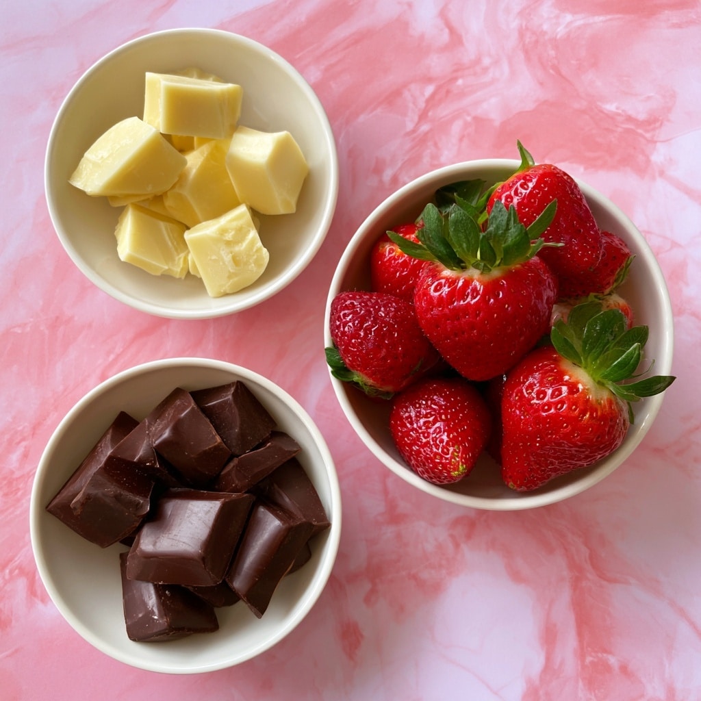 The image shows three round white bowls placed on a pink marbled surface. The top left bowl holds several small pieces of pale yellow white chocolate chunks with a smooth texture. The middle right bowl contains a pile of fresh red strawberries with green leafy tops, the berries glossy and ripe. The bottom left bowl is filled with dark brown chocolate chunks, smooth and stacked unevenly. The colors of white chocolate, red strawberries, and dark chocolate contrast nicely on the pink marbled background. Photo taken with an iphone --ar 4:5 --v 7