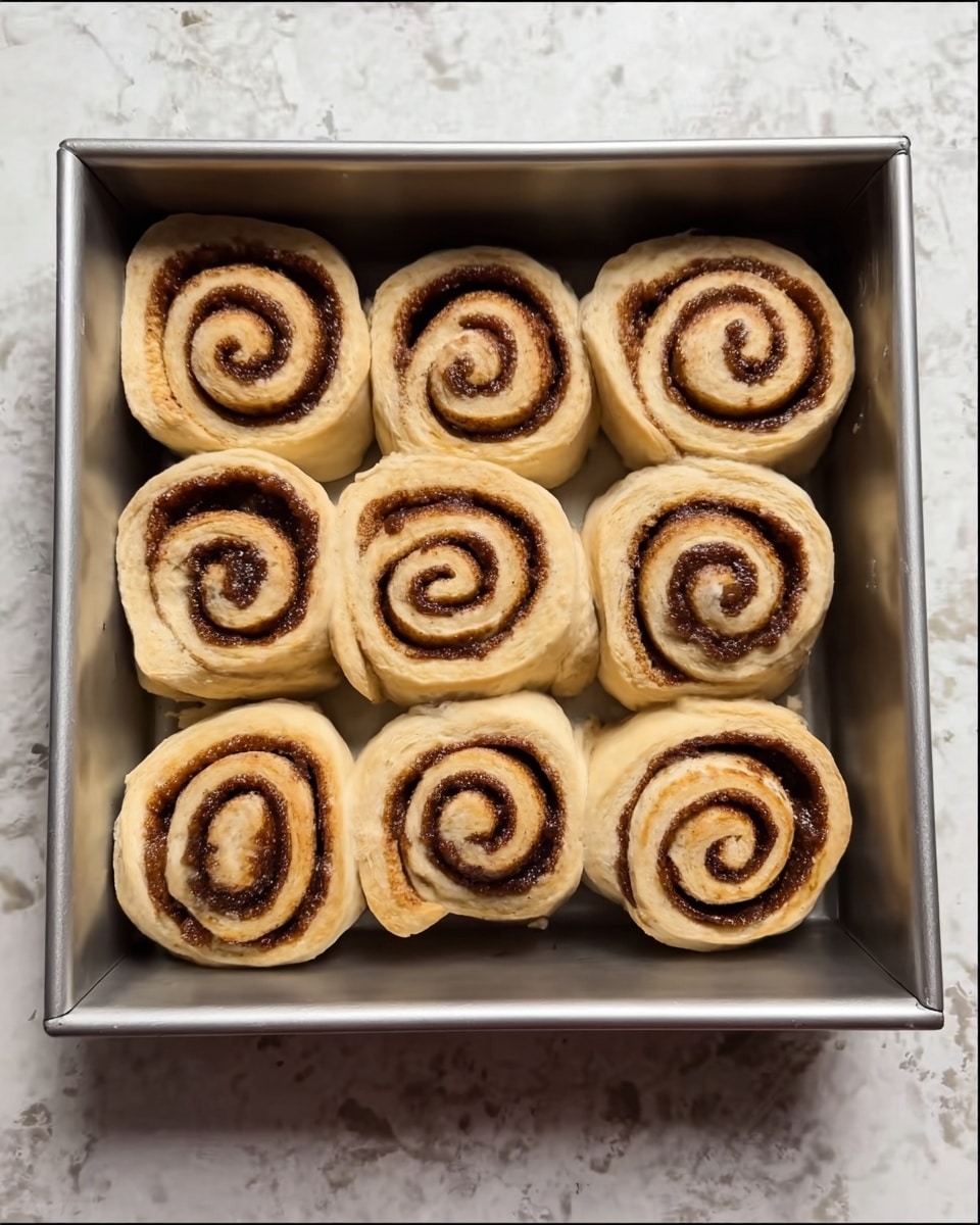 Nine cinnamon rolls sit in a metal square baking pan, arranged in three rows of three. Each roll shows a light brown dough spiral with a dark brown cinnamon filling swirled evenly inside. The pan rests on a surface with a white marbled texture. The cinnamon rolls have a soft and slightly fluffy look, with the edges of the dough slightly rounded and close together. photo taken with an iphone --ar 4:5 --v 7