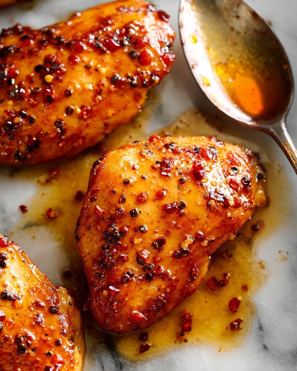 The image shows three pieces of golden-brown chicken placed on a white marbled surface. Each piece glistens with a shiny layer of sticky sauce, speckled with black pepper and red chili flakes, giving a spicy, textured look. The sauce pools slightly underneath the chicken, creating a rich amber color contrast. A metal spoon with some sauce sits near the top right corner, slightly out of focus, adding depth to the composition. The lighting highlights the crisp edges and moist shine of the chicken skin. photo taken with an iphone --ar 4:5 --v 7