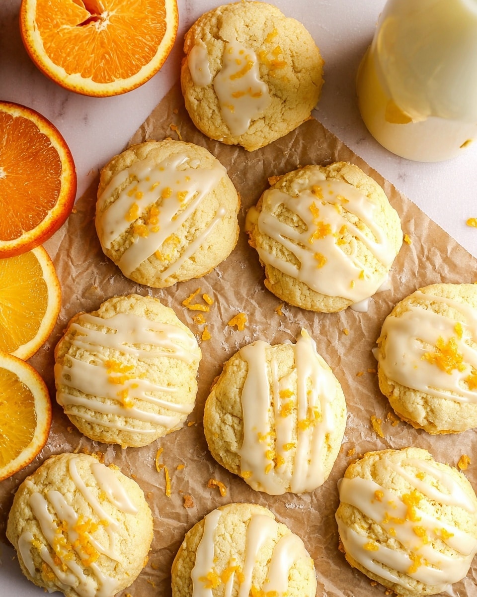 A group of soft round cookies with a pale yellow color and rough texture are arranged closely on brown crinkled paper over a white marbled surface. Each cookie is topped with a shiny drizzle of white icing that holds small, bright orange zest pieces scattered across the top surface. Around the cookies, there are fresh orange slices to the left, a glass of orange juice near the top right corner, and part of a white milk bottle just beside the juice on the white marbled surface. Photo taken with an iphone --ar 4:5 --v 7